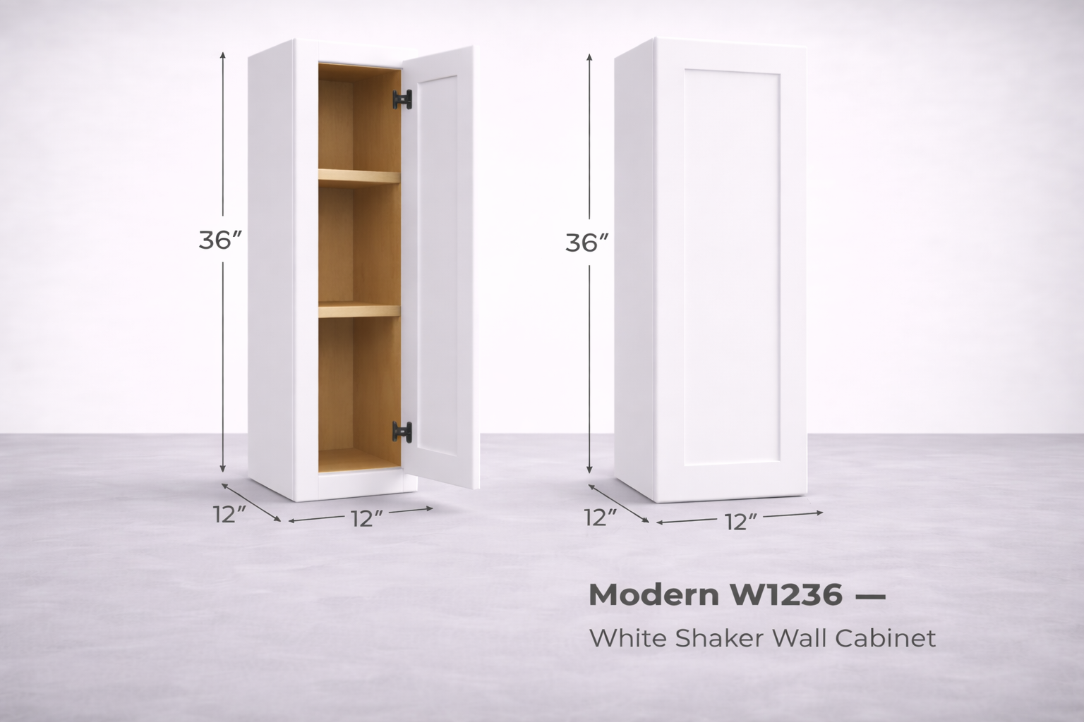 White Shaker RTA Wall Cabinet - 1 Door, 3 Adjustable shelves (36in tall) (W1236) - 12"W x 36"H x 12"D