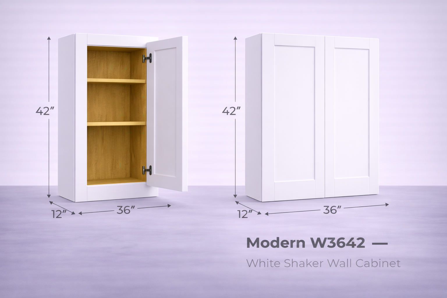 White Shaker RTA Wall Cabinet - 2 Door,3 adjustable shelves (42in tall) (W3642) - 36"W x 42"H x 12"D