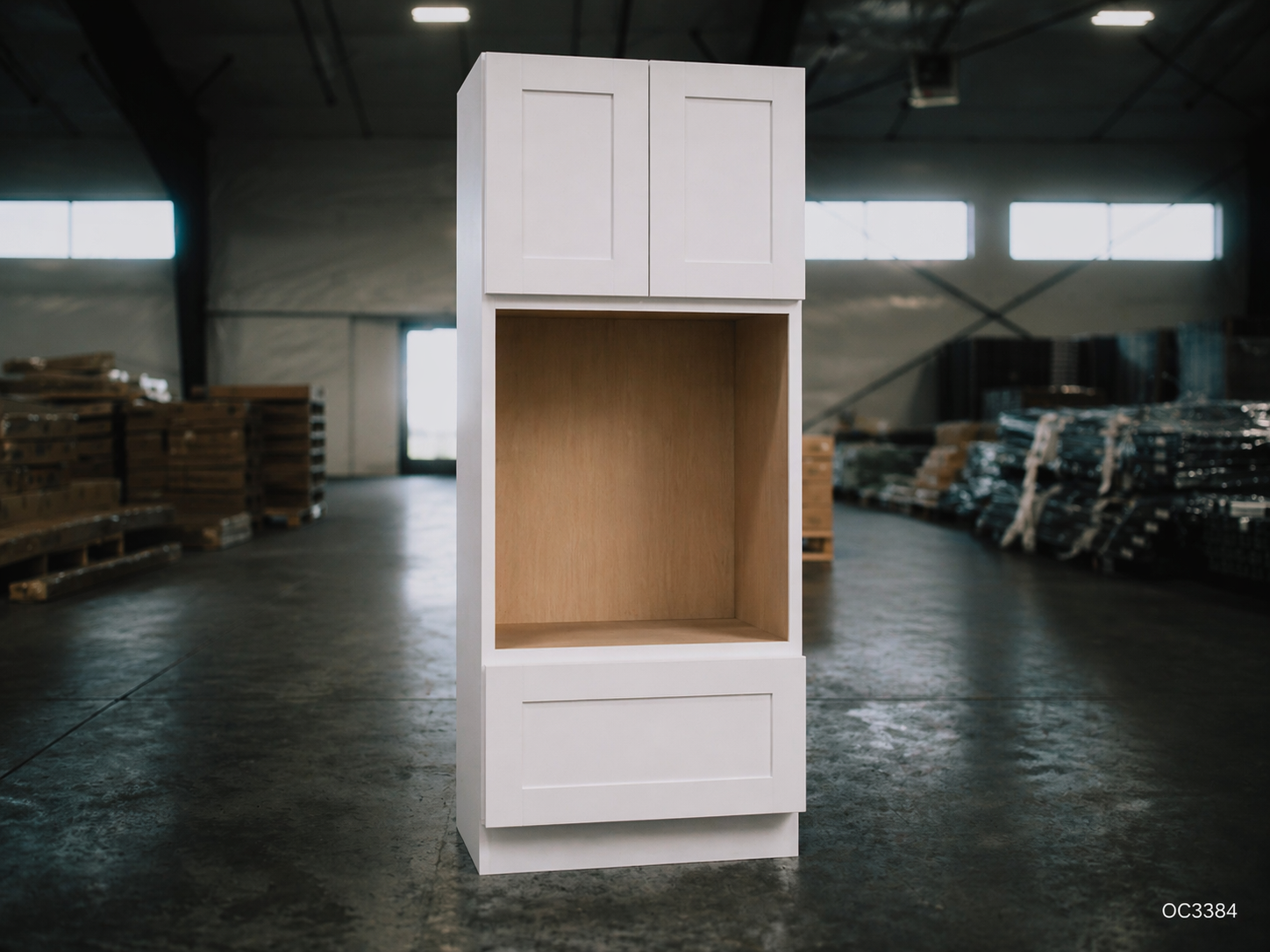 White Shaker RTA Double Oven Cabinet - 2 upper doors, 1 lower drawer (OC3384) - 33"W x 84"H x 24"D