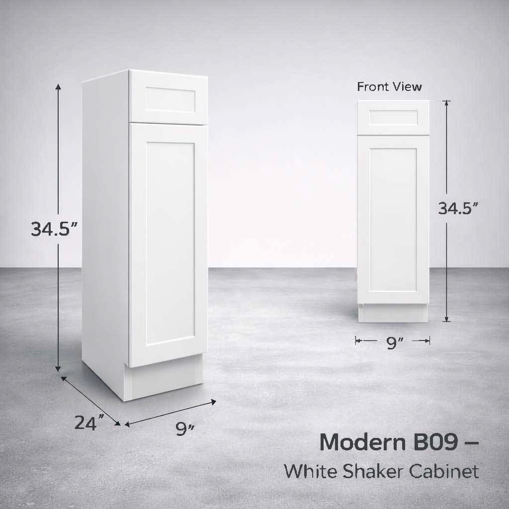 White Shaker RTA Base Cabinet - 1 Drawer, 1 Door, 1 Adjustable shelf (B09) - 9"W x 34.5"H x 24"D