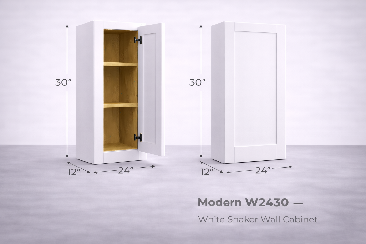 White Shaker RTA Wall Cabinet - 2 door, 2 adjustable shelves (W2430) - 24"W x 30"H x 12"D