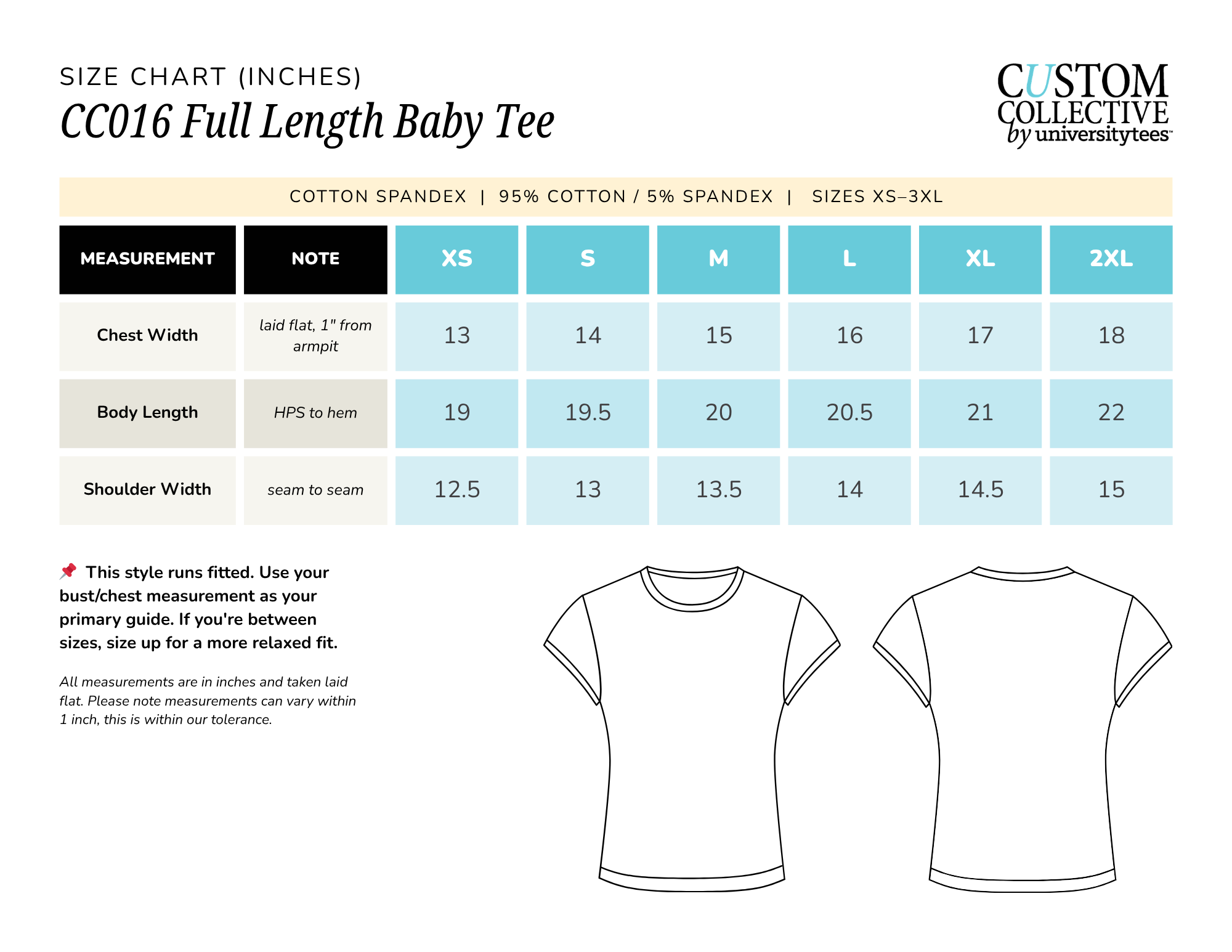 Size chart for full-length baby t-shirts showing measurements in inches for chest width, body length, and shoulder width across sizes XS to 2XL.