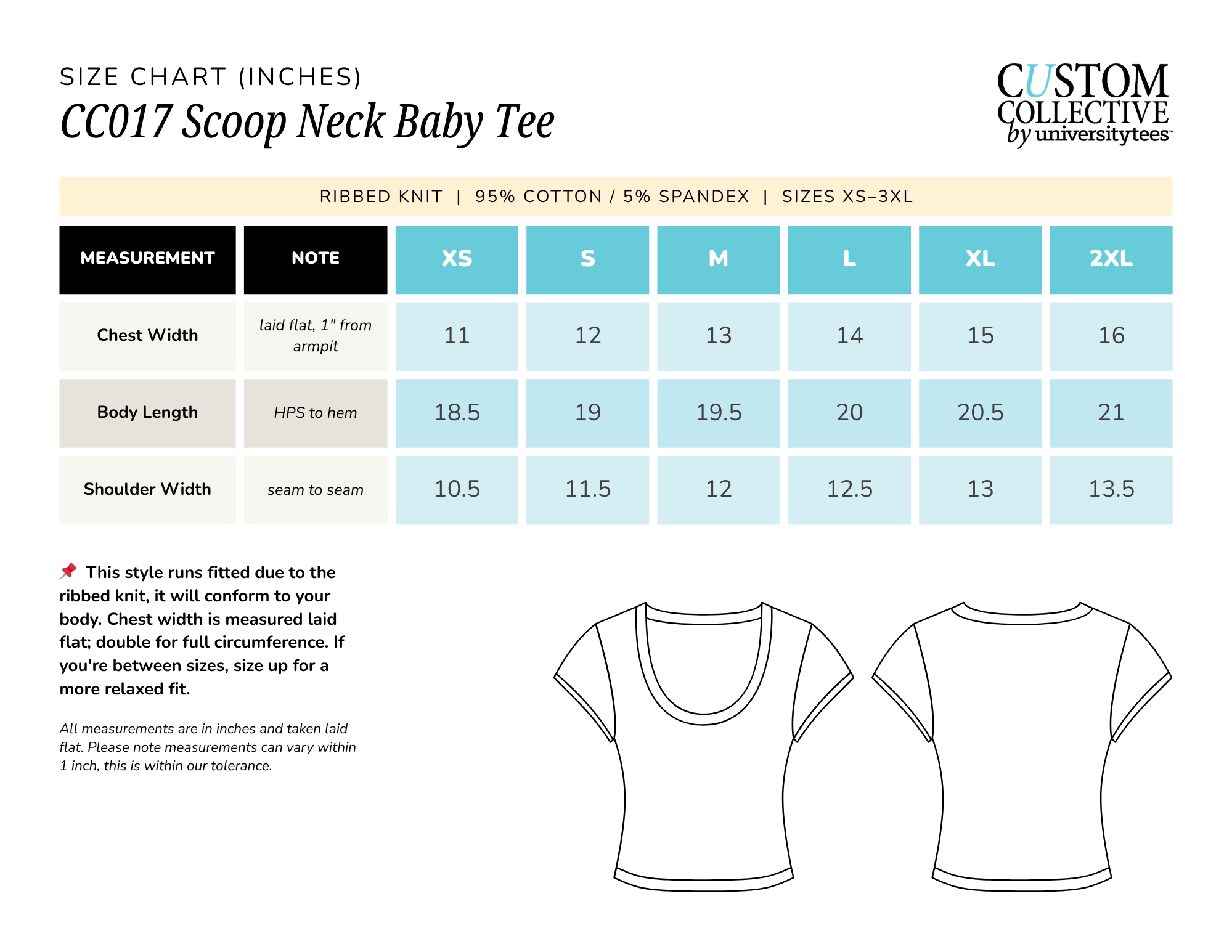 Size chart for CC017 Scoop Neck Baby Tee showing measurements for chest width, body length, and shoulder width for sizes XS to 2XL.