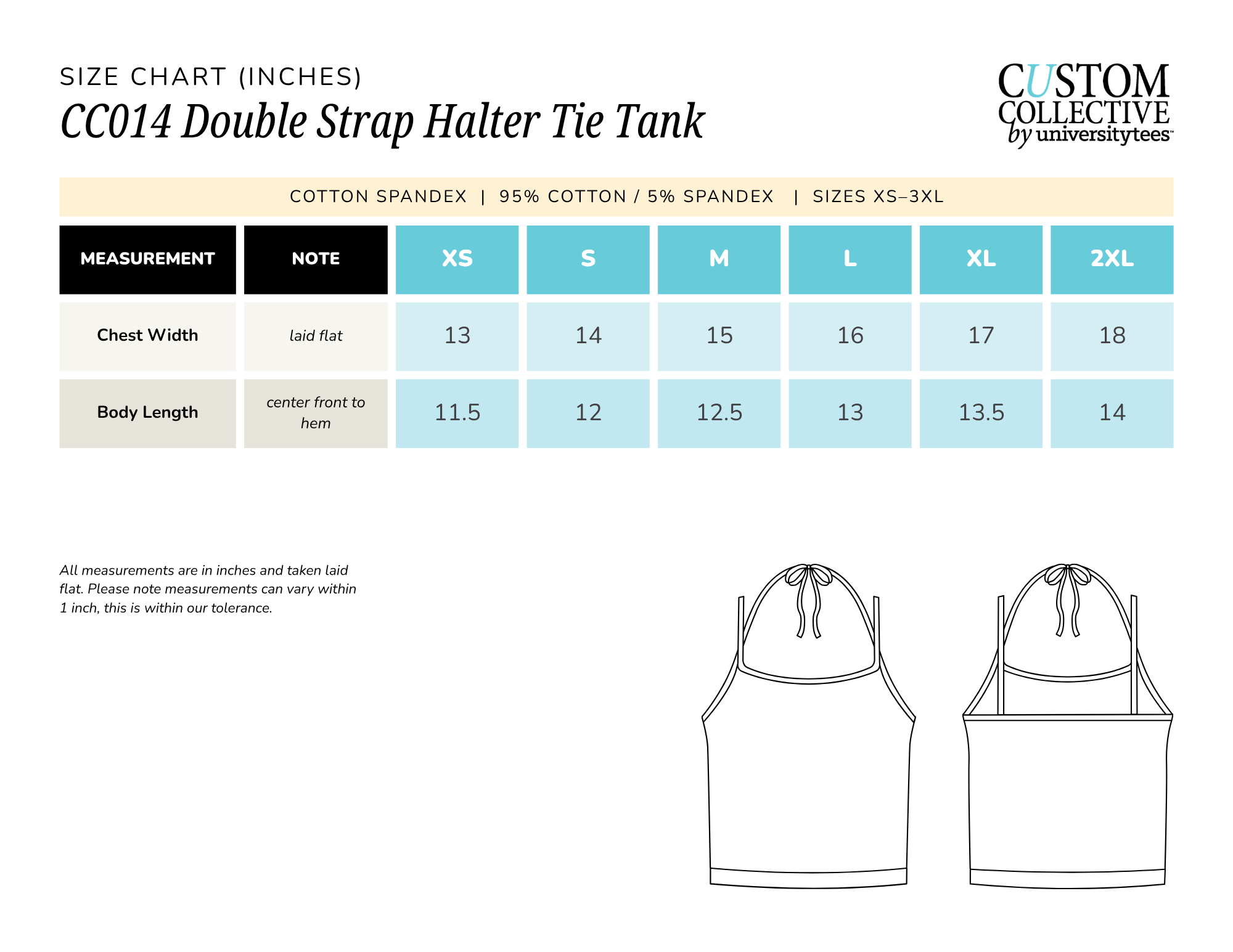 A size chart for a double strap halter tie tank top, showing measurements for chest width and body length in different sizes from XS to 2XL, with black and light blue highlighted sections.