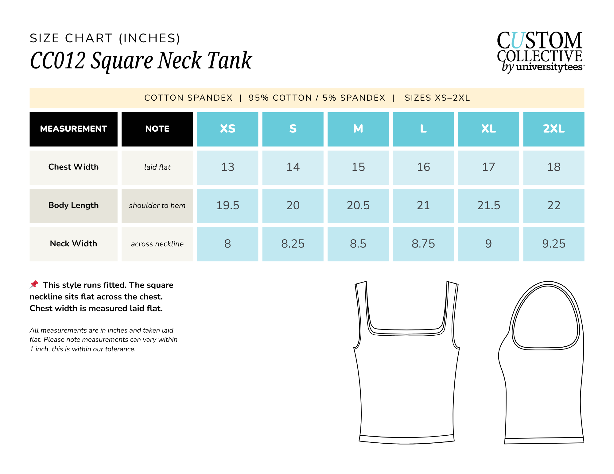 A size chart for a CC012 Square Neck Tank top showing measurements from XS to 2XL, including chest width, body length, and neck width, with accompanying illustrations of a tank top outline.