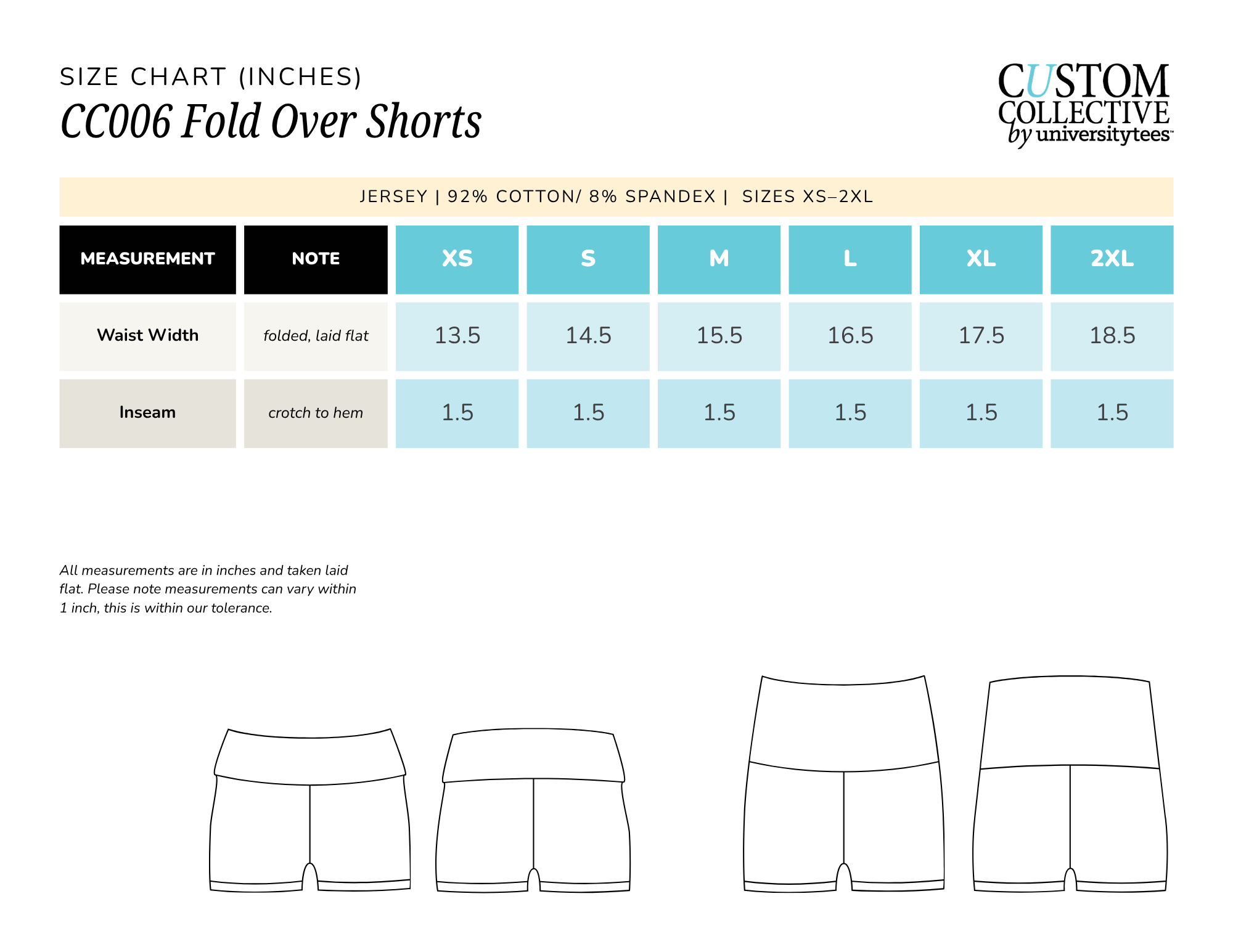 Size chart for fold-over shorts, showing measurements in inches for waist width and inseam across different sizes from XS to 2XL, with construction details and fabric composition.