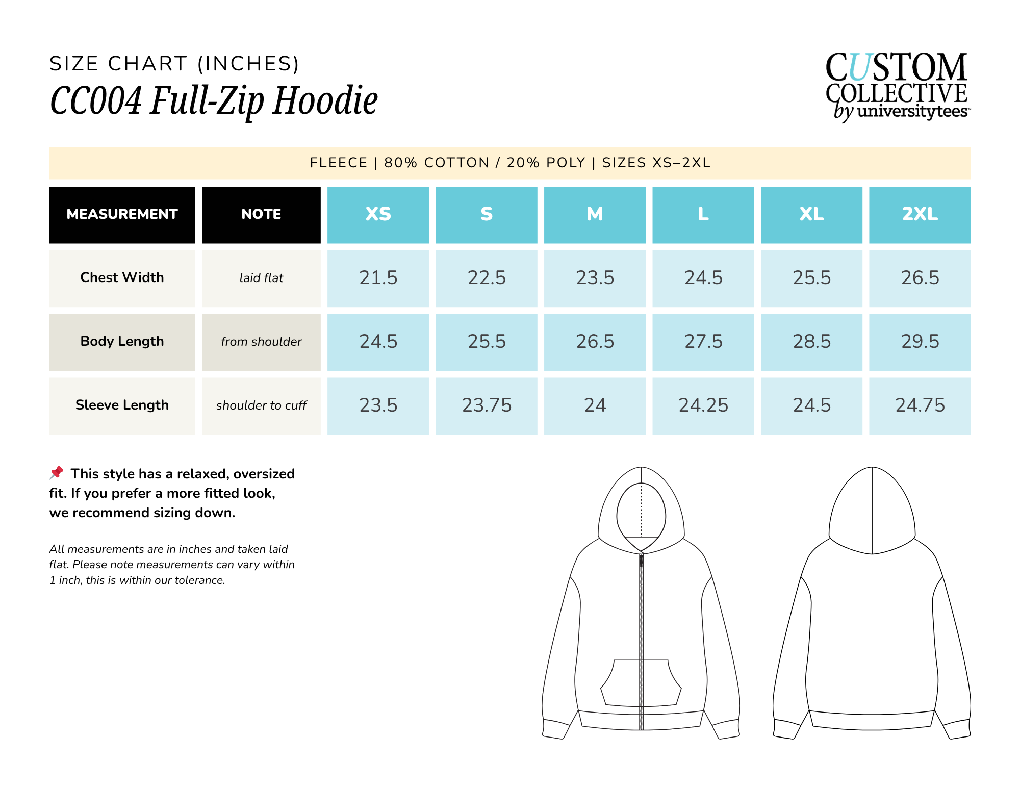 Size chart for a custom fully zip hoodie, displaying measurements for chest width, body length, and sleeve length in inches, along with sketches of the hoodie from the front and back.