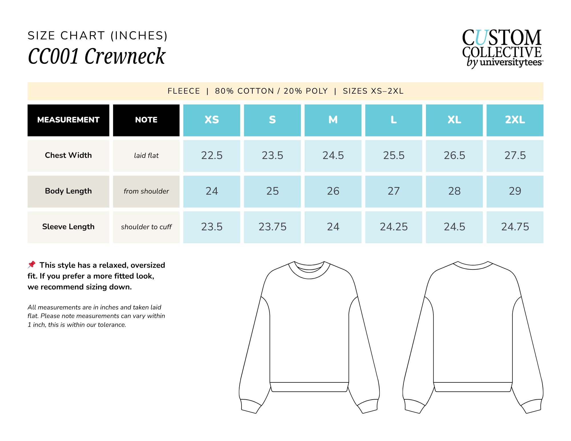 Size chart for a crewneck sweatshirt, including measurements for chest width, body length, and sleeve length in inches, with size options from XS to 2XL.