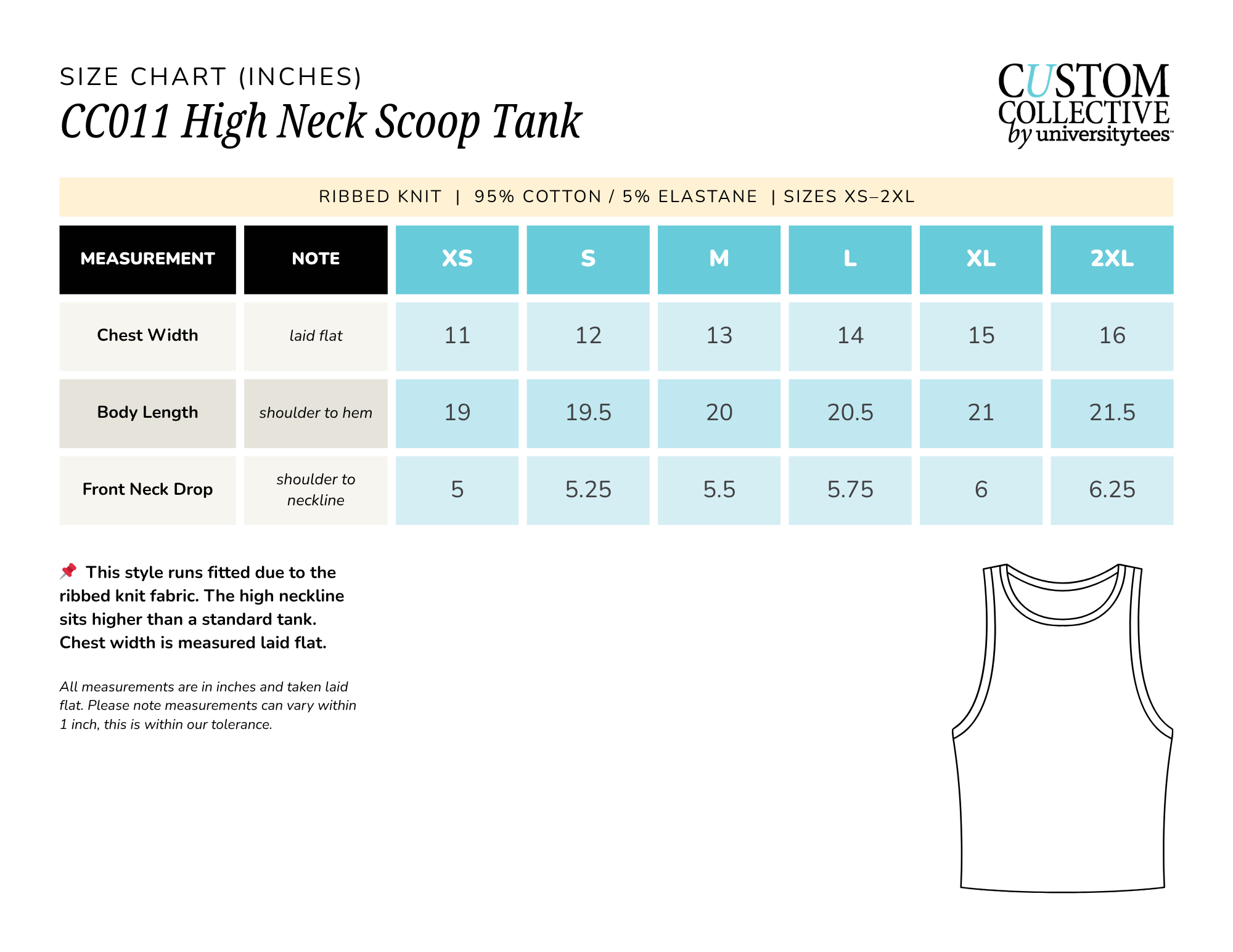 Size chart for a high neck scoop tank top, showing measurements for chest width and body length in inches, for sizes XS through 2XL, with a small illustration of the tank top on the right.