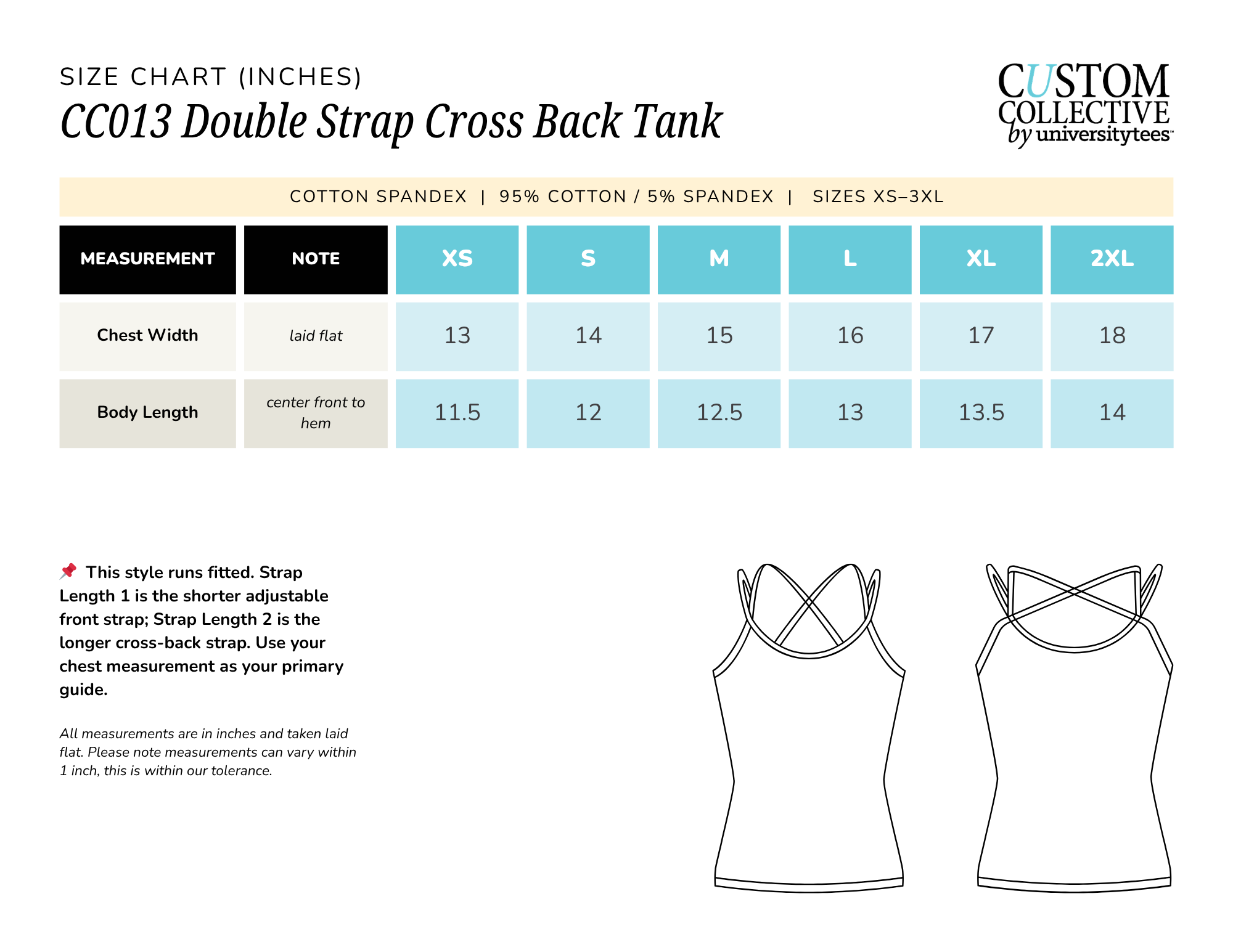 Size chart for a double strap cross back tank top, displaying measurements for chest width and body length in inches across various sizes from XS to 2XL, with text and illustrations of the tank top.