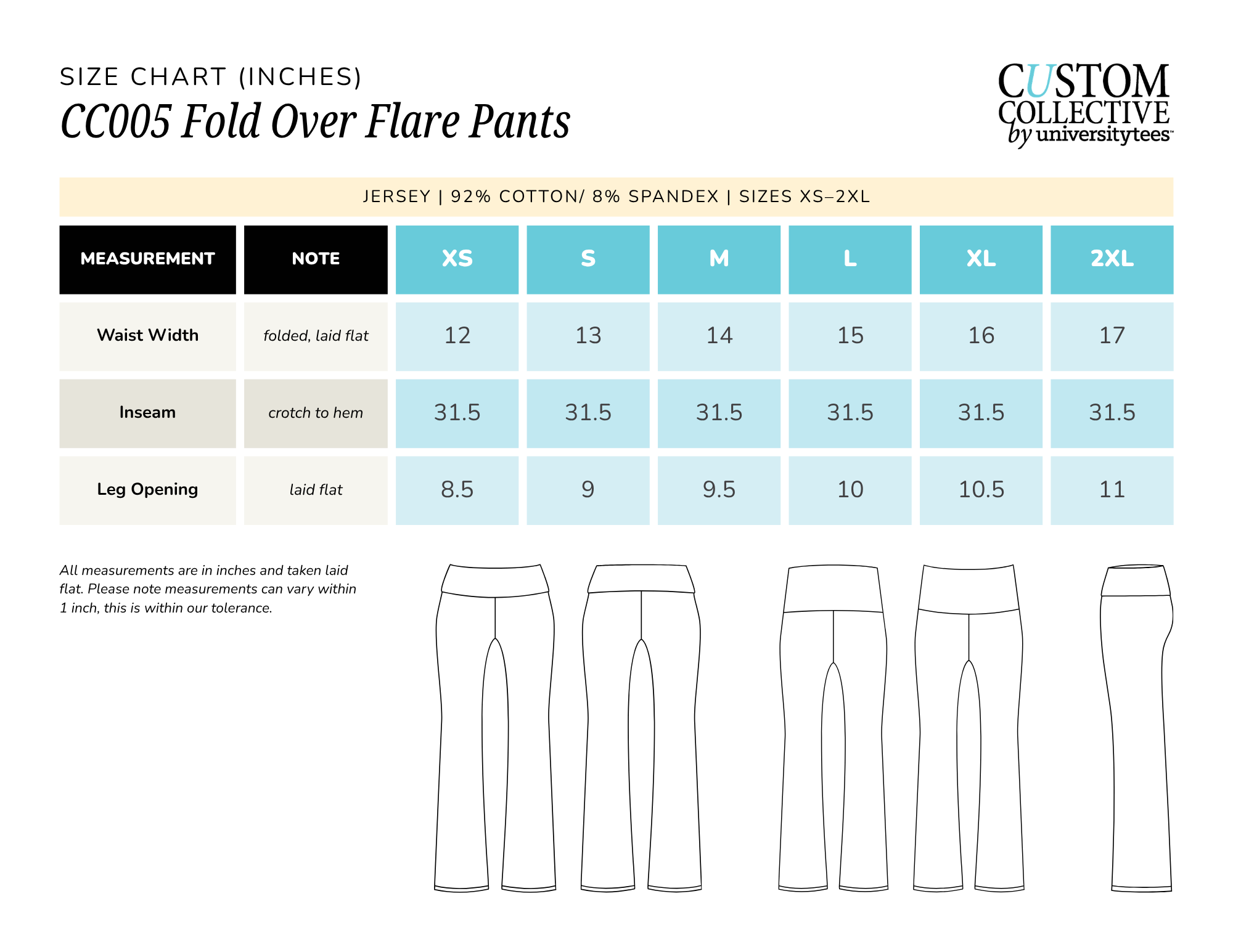 Size chart for Fold Over Flare Pants showing measurements in inches for XS to 2XL sizes, with illustrations of the pants below.