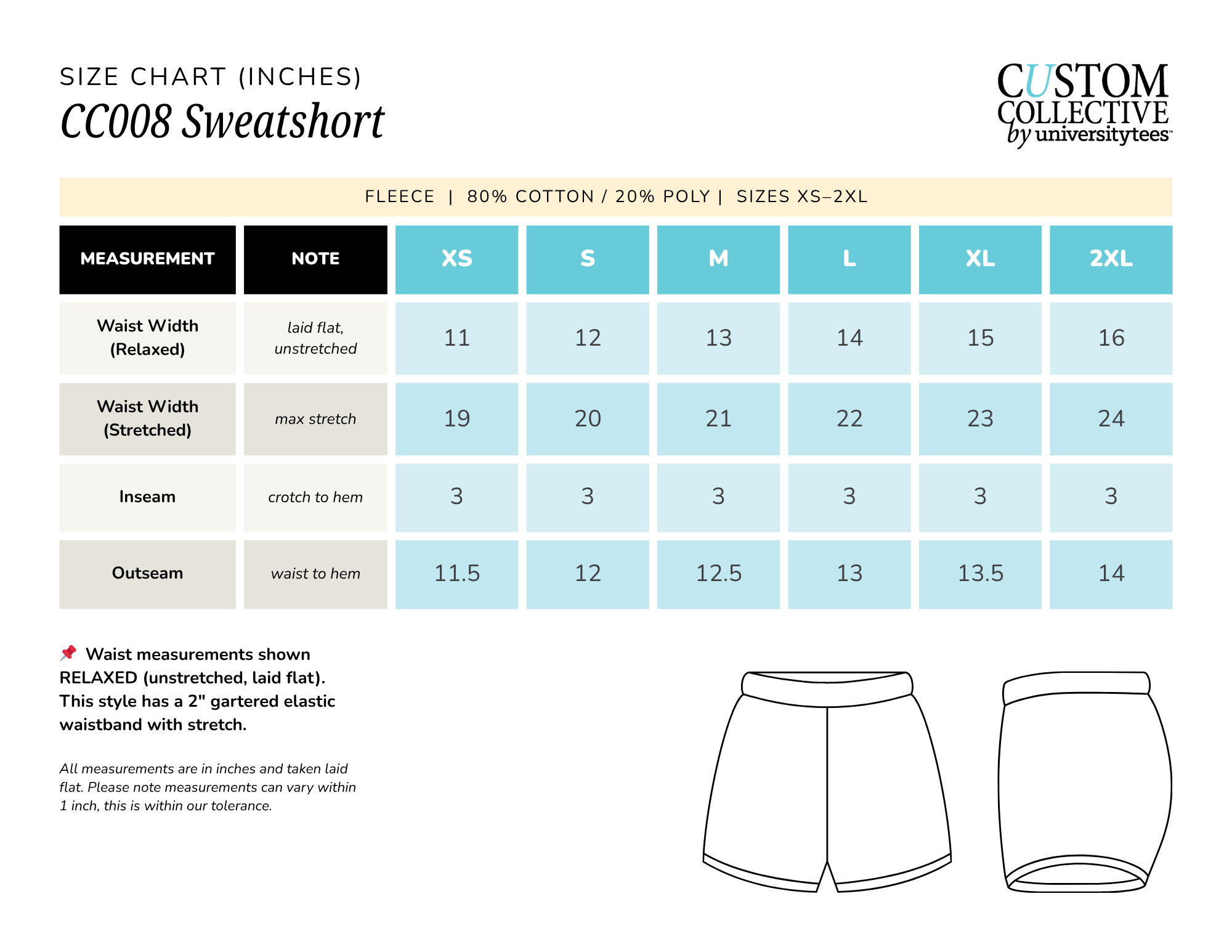 Size chart for a sweatshirt, showing measurements in inches for XS to 2XL, including waist width, maximum stretch, crotch to hem, and waist to hem, with simple line drawings of shorts for reference.