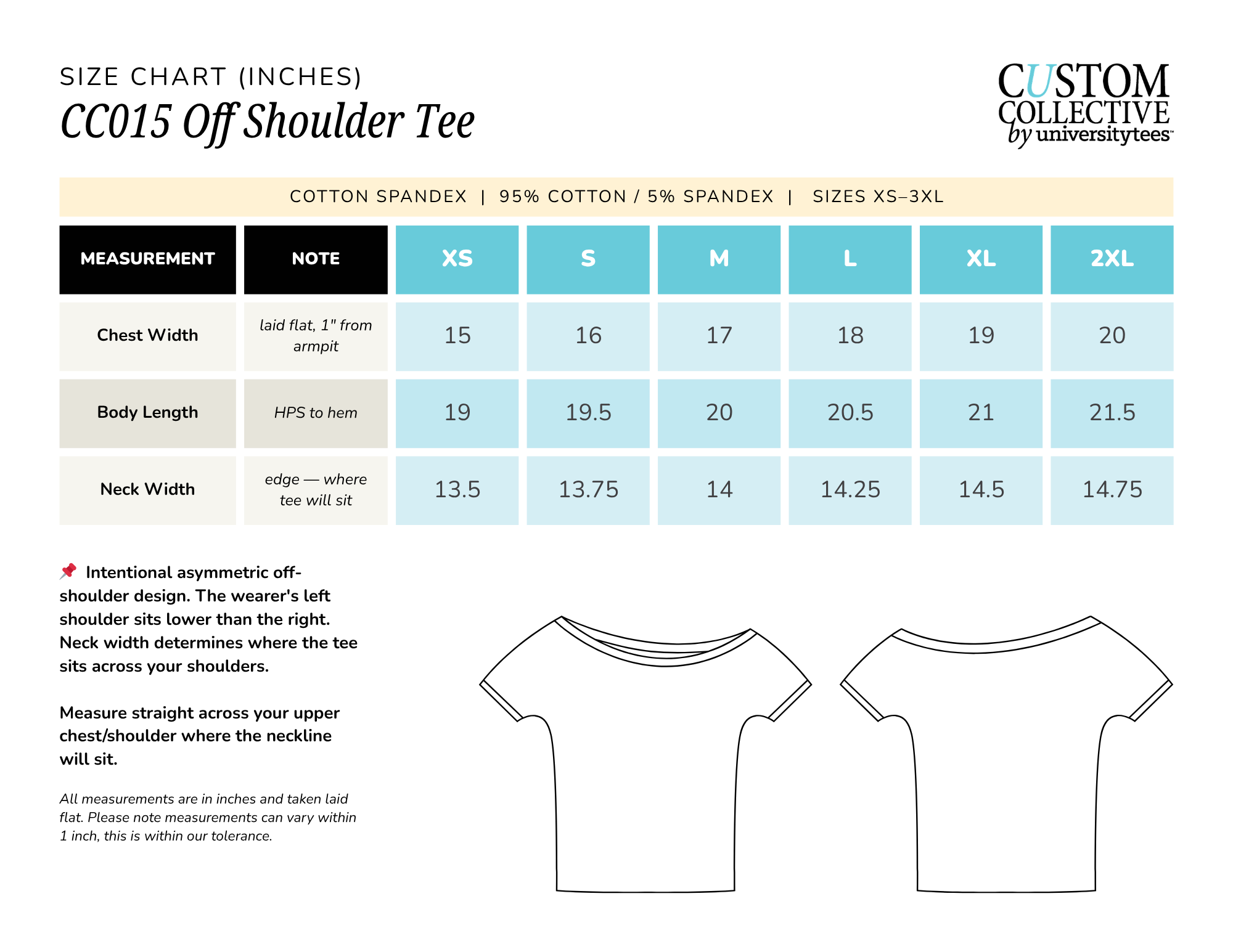 Size chart for a custom off-shoulder tee, showing measurements in inches for chest width, body length, and neck width in sizes XS through 2XL.