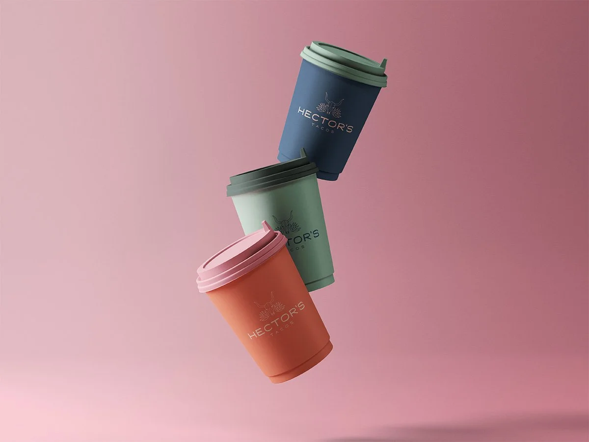 3 colorful paper coffee cups with the Hectors Logo