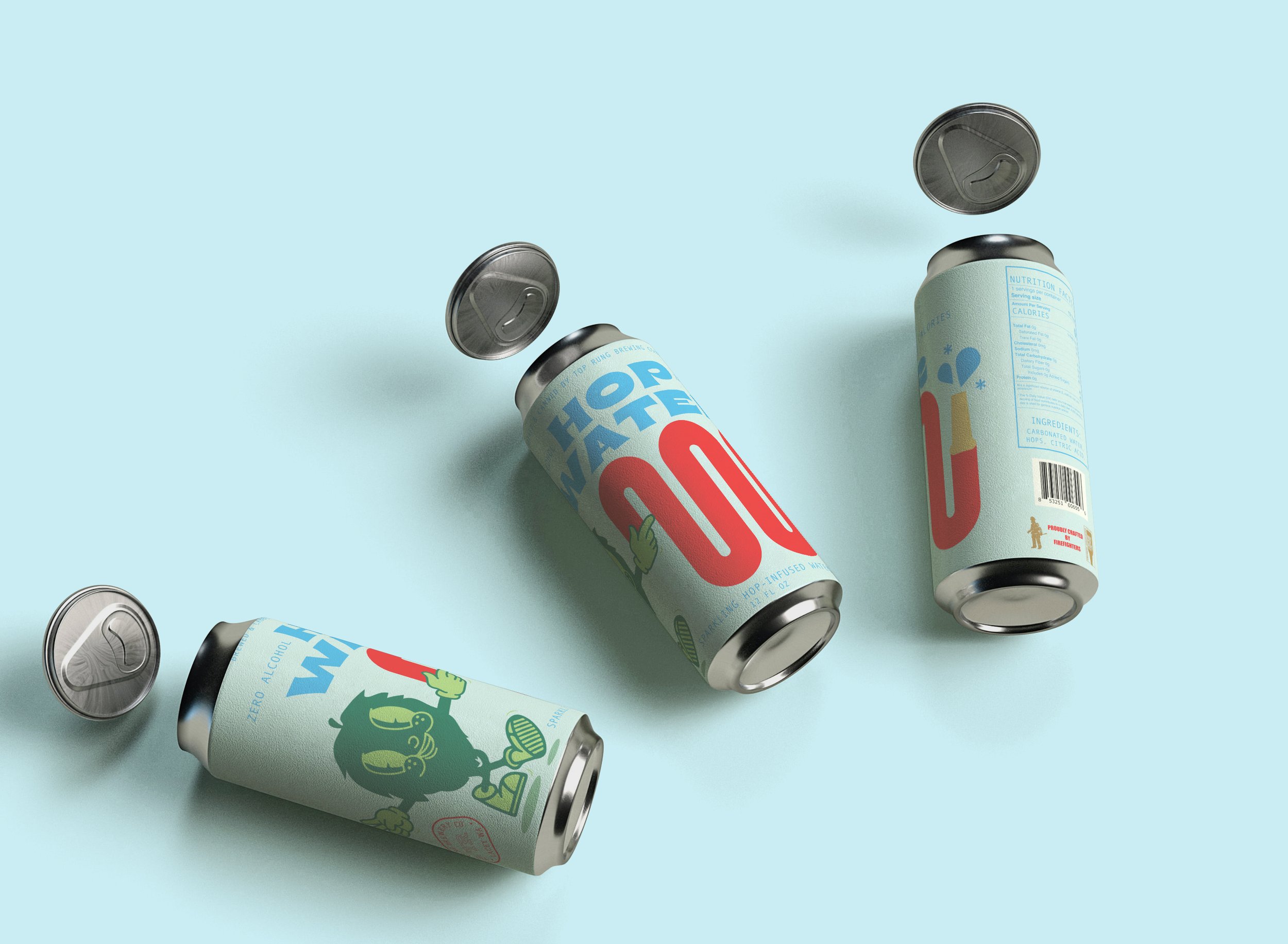 flatlay of 3 tall cans with a hop illustration holding a hose