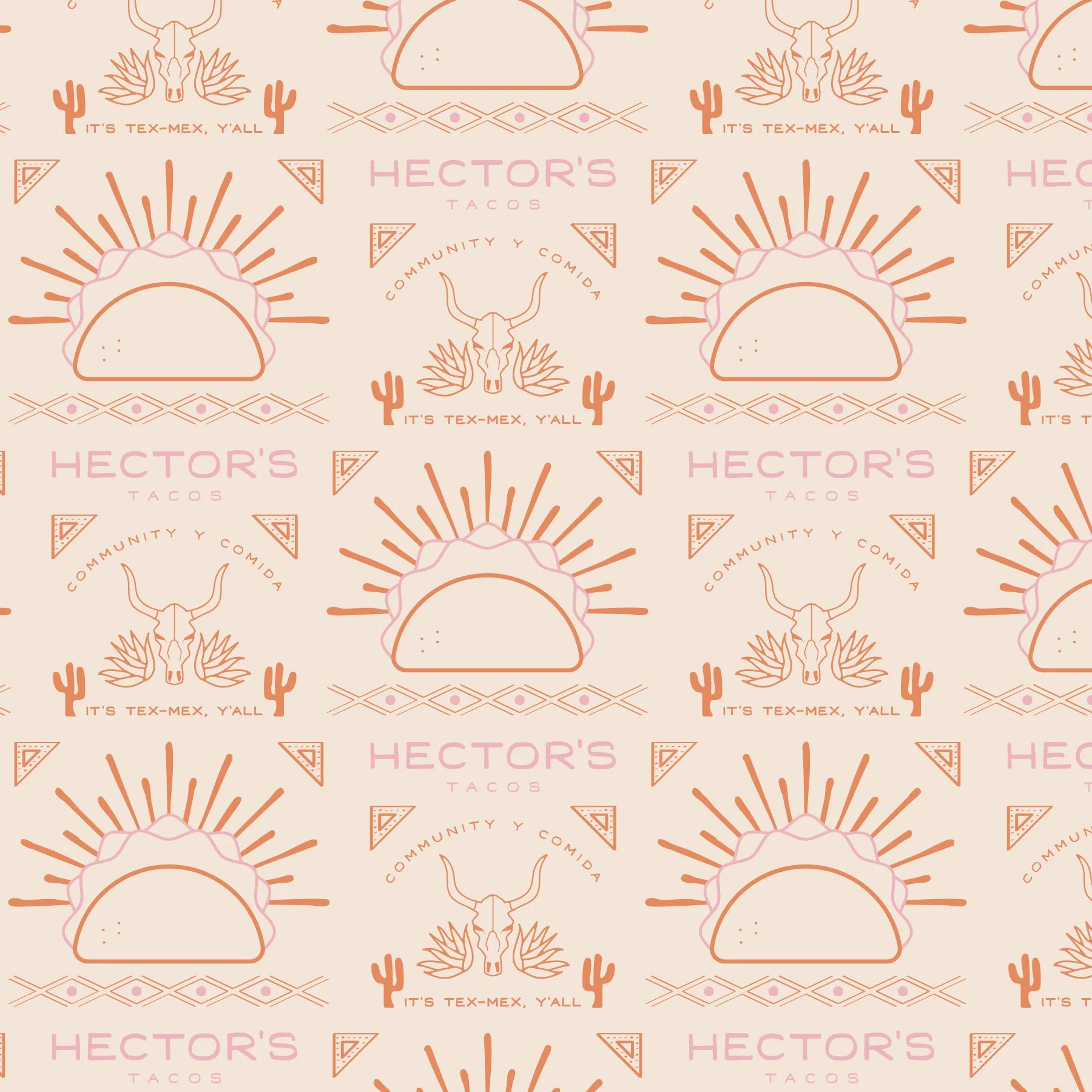 Pattern of taco illustrations with longhorn skull, cacti, and the hector's logo