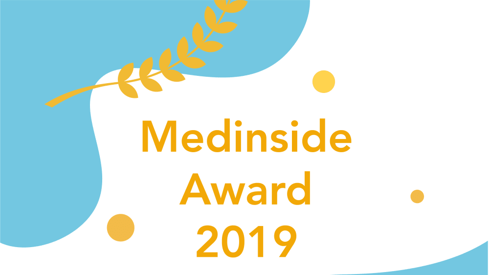 Grafik mit blauen und weißen Hintergrund, goldene Blätter und Kreise, mit Text: "Medinside Award 2019".