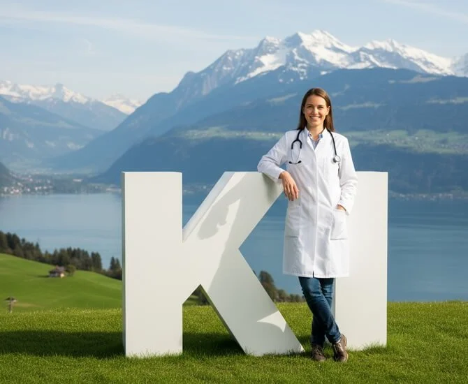 Eine Frau in einem Arztkittel mit Stethoskop steht neben einem großen weißen Buchstaben K mit Bergsee und Bergen im Hintergrund.
