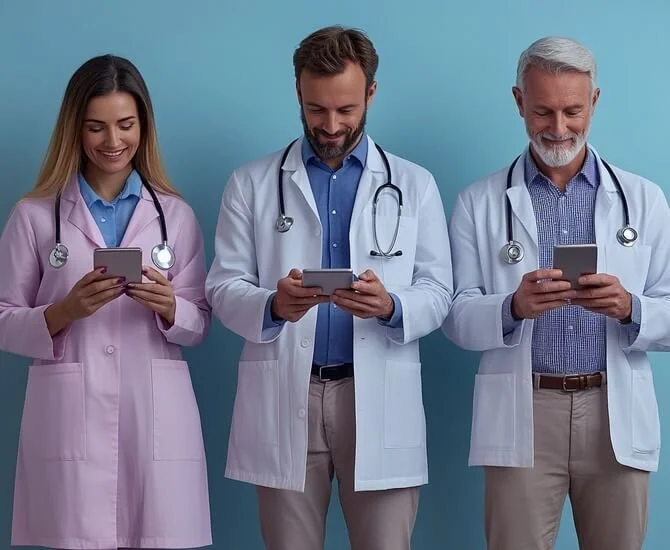 Drei Ärzte, zwei Männer und eine Frau, stehen gegen eine blaue Wand und schauen auf ihre Smartphones, alle tragen Laborkittel und Stethoskope.