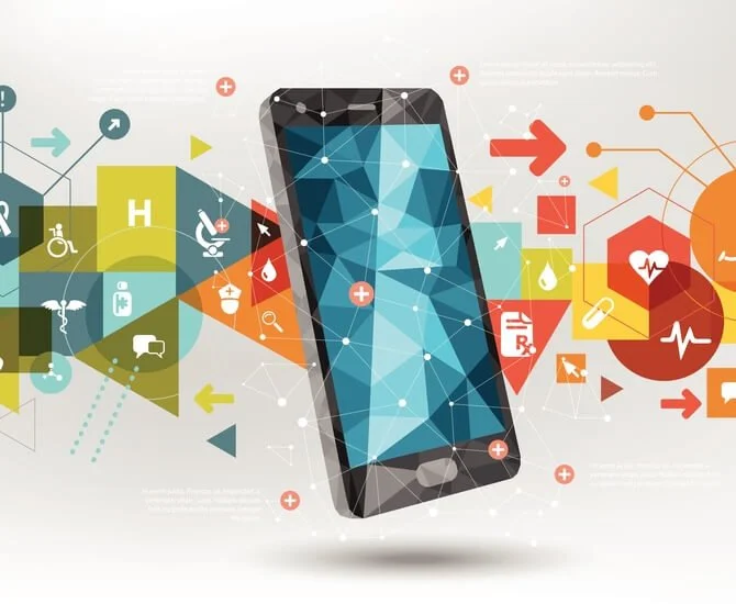 Illustration eines Smartphones mit medizinischen Symbolen und Daten-Icons, die Gesundheitsüberwachung und telemedizinische Technologien darstellen.