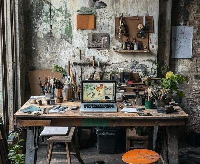 Kreativer Arbeitsplatz in einer Werkstatt mit einem Laptop, Pinsel, Stifte und Werkzeugen auf einem Holztisch, umgeben von Pflanzen und Notizen an einer alten, gealterten Wand.