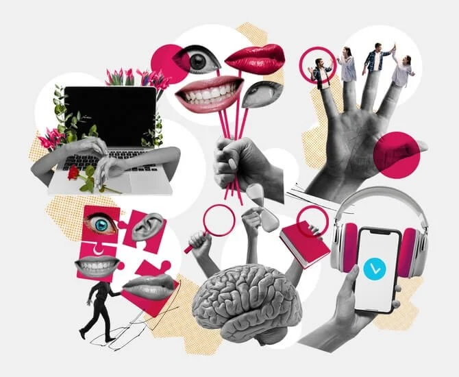 Collage aus verschiedenen Symbolen und Bildern, einschließlich eines Laptops mit Blumen, Gesichtsdetails wie Lippen und Auge, Hand mit Kamera, Gehirn, Smartphone mit Kopfhörern, und kleine menschliche Figuren.