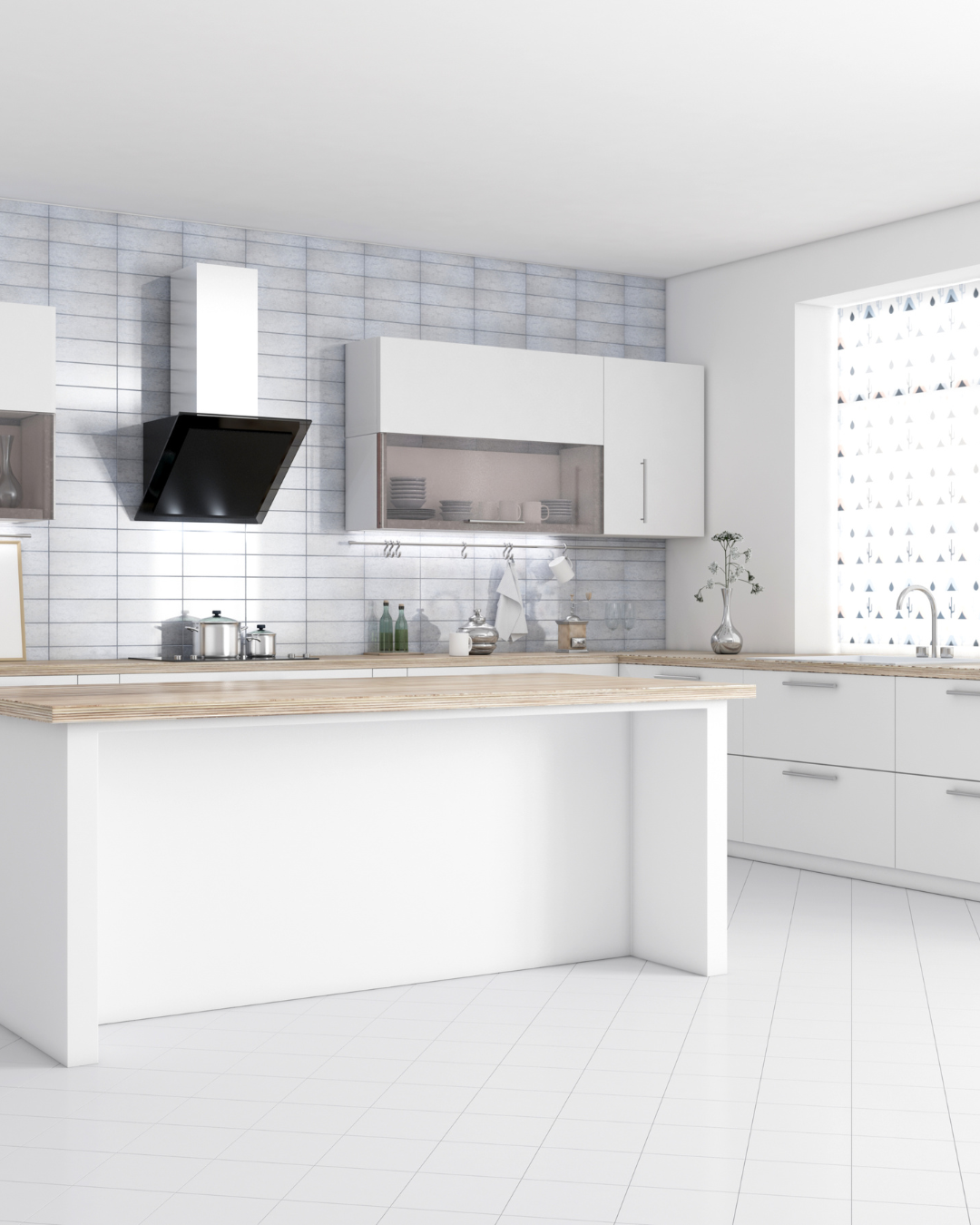 Modern kitchen with white cabinets, a wooden countertop, a black range hood, and a window with patterned curtains.