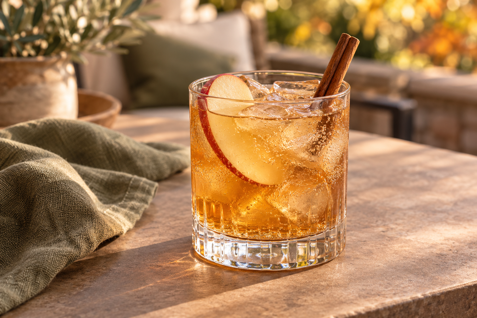 bourbon cocktail with apple and cinnamon stick