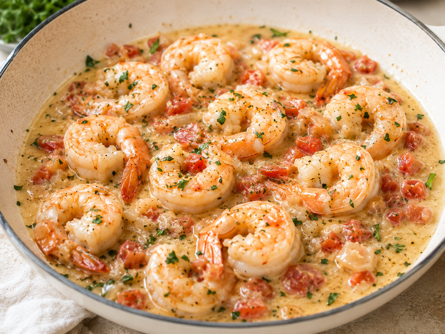 Shrimp in a creamy tomato and Sambuca sauce served in a skillet.