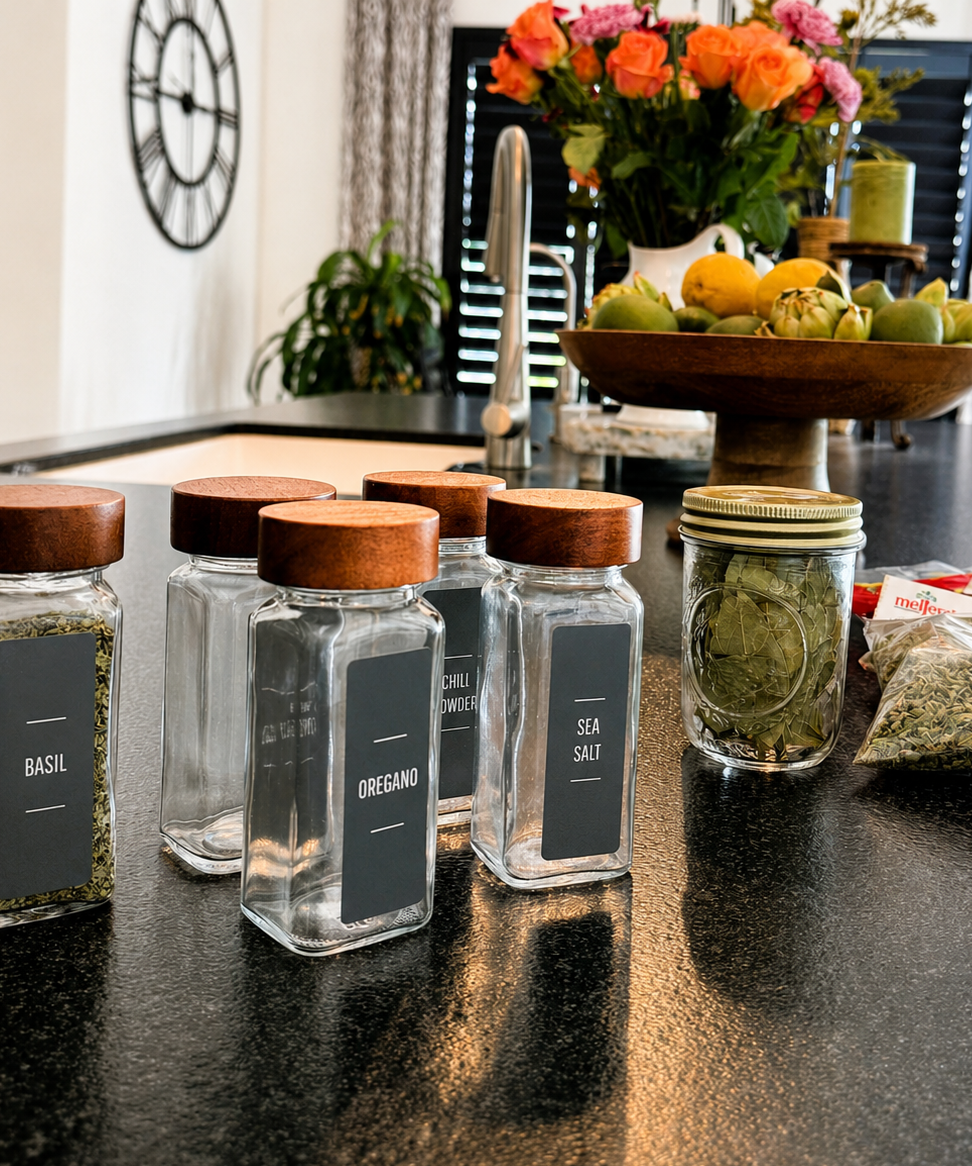 Three glass spice jars labeled basil, oregano, and sea salt on a dark countertop, with fresh flowers and a fruit bowl in the background.