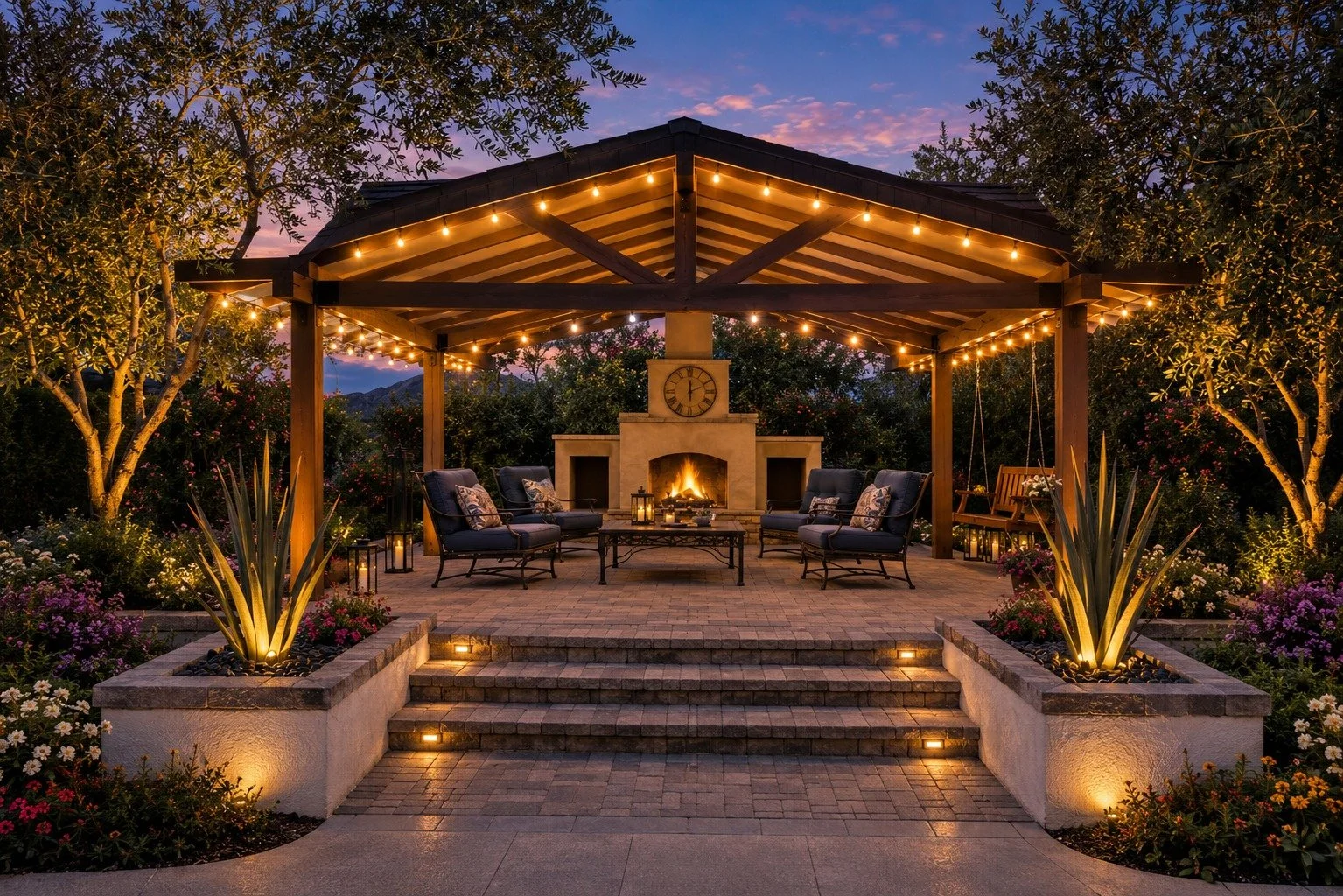 Illuminated backyard pergola at dusk with string lights, a stone fireplace, cushioned seating, lanterns, flowering plants, and uplighting.