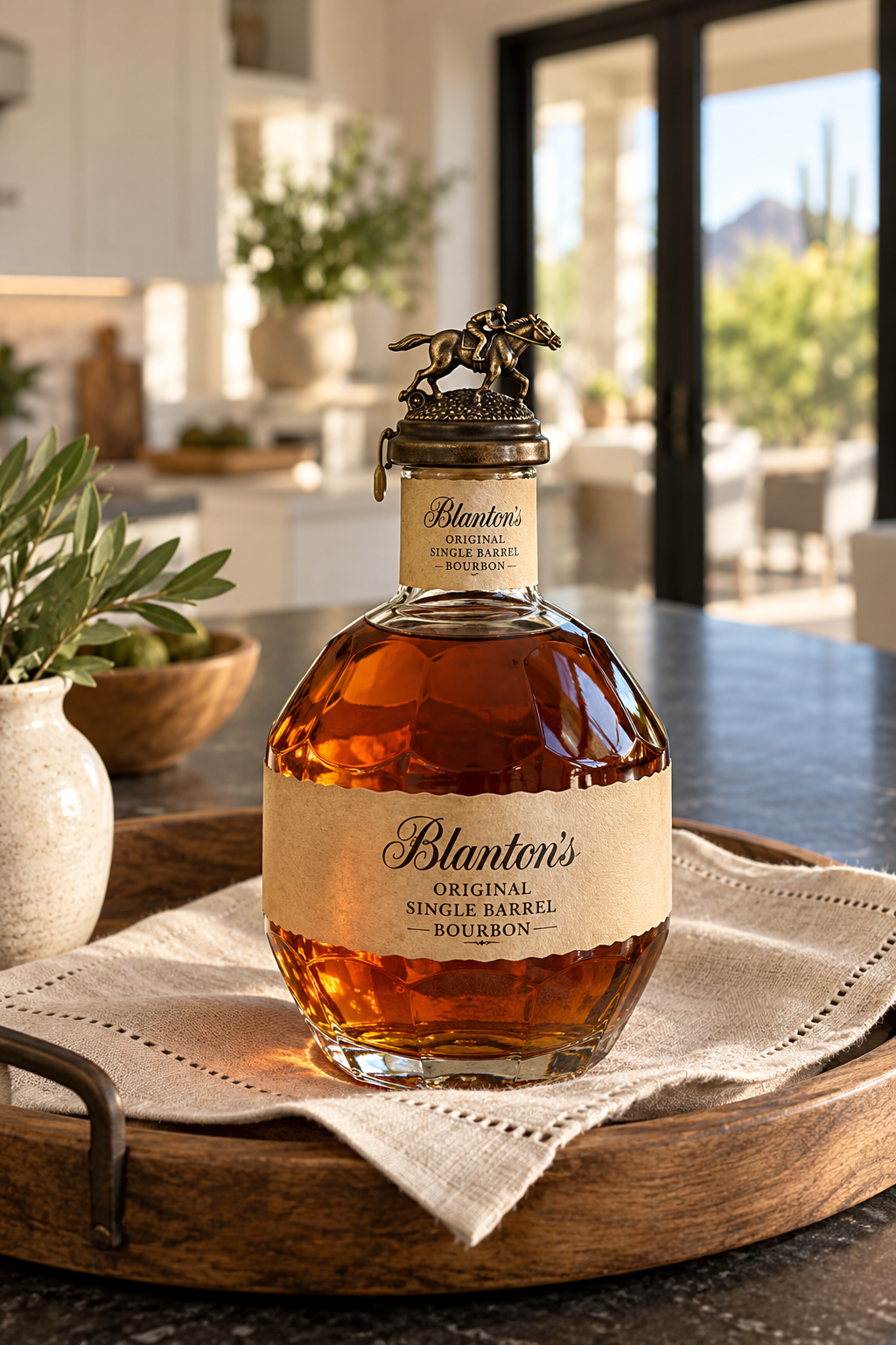 Sunlit Blanton’s bourbon on a serving tray.png