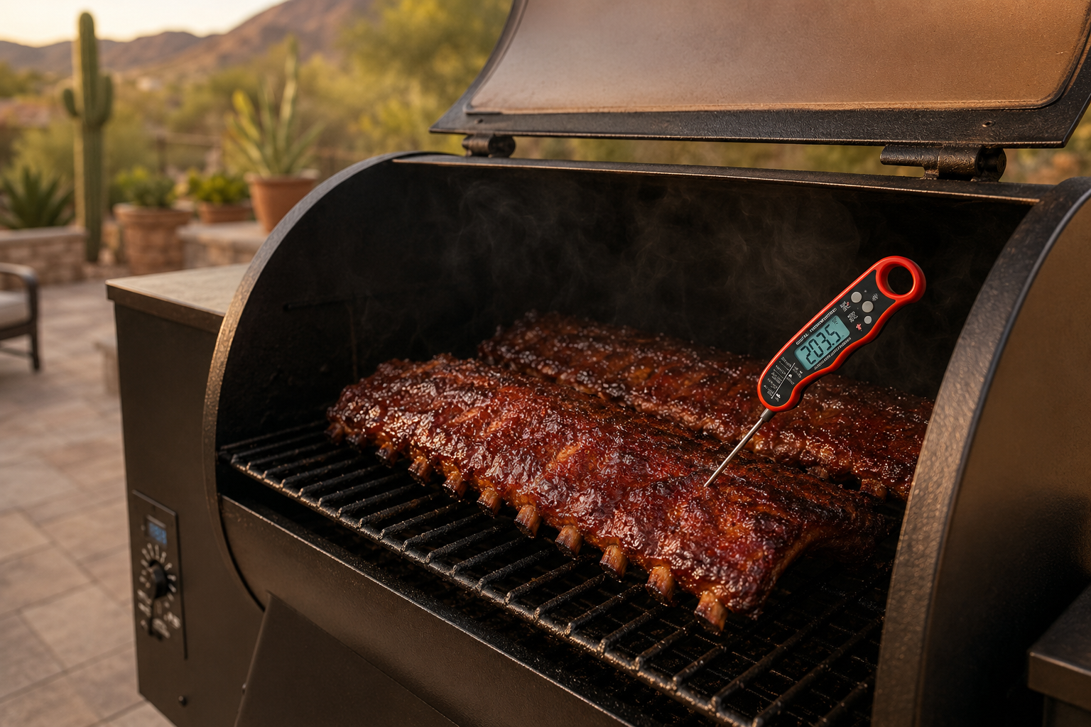 Ribs on the BBQ with meat thermometer