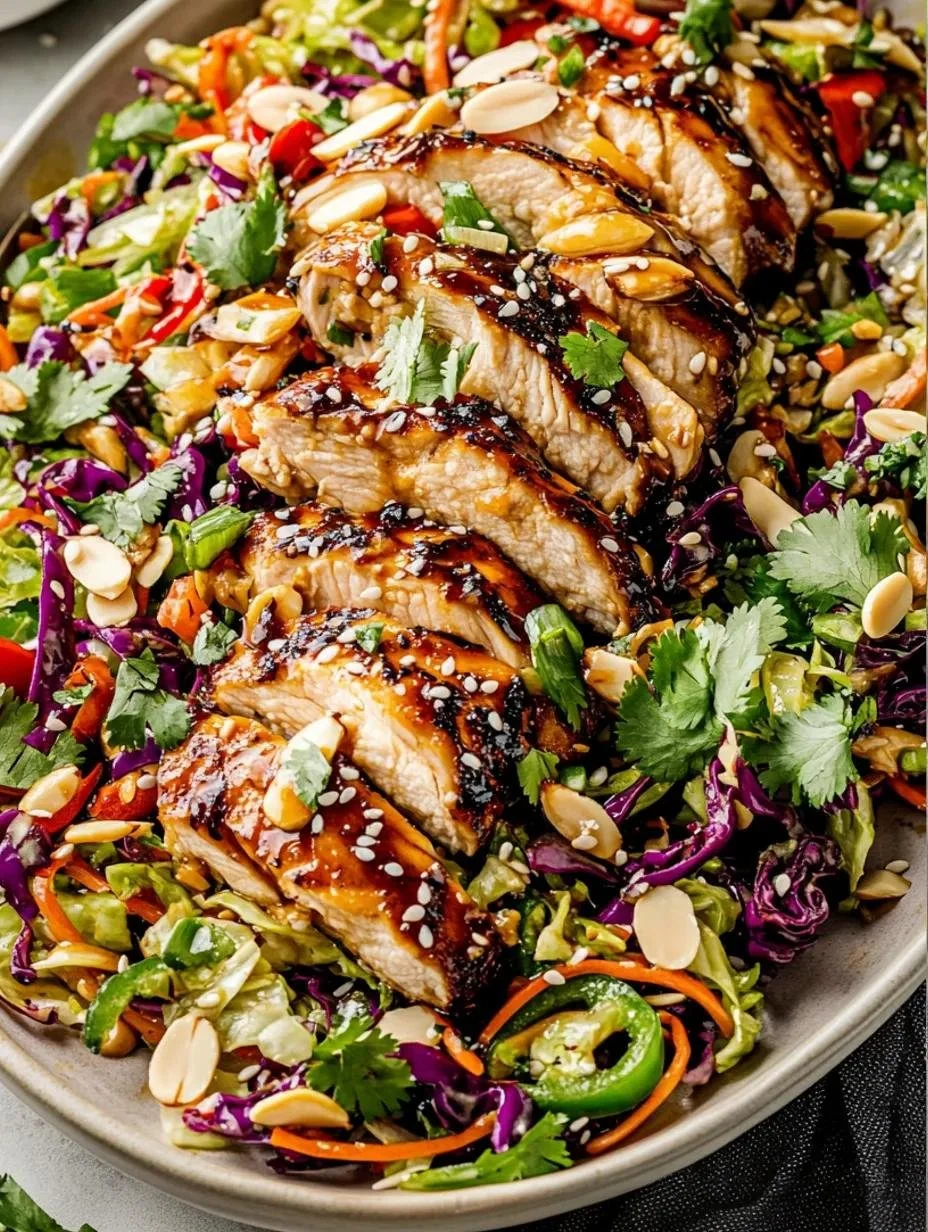 Chinese chicken salad topped with sliced teriyaki chicken, green and purple cabbage, carrots, almonds, sesame seeds, cilantro, and jalapeño.