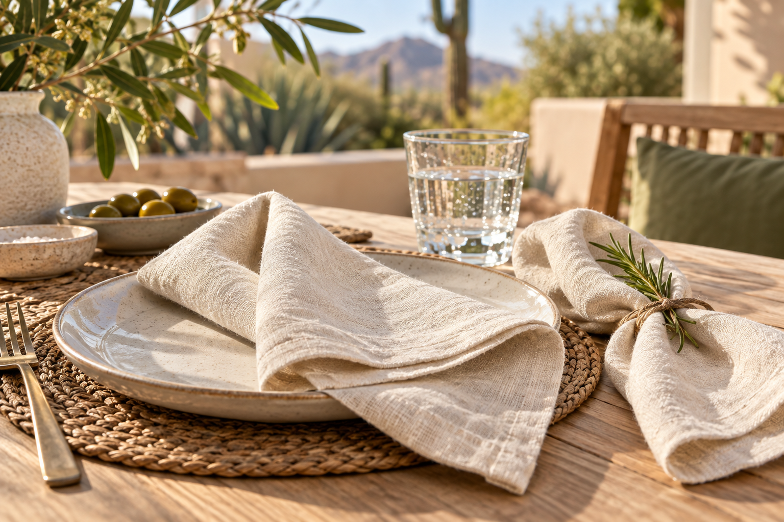 Cream linen napkins on a patio table with ceramic plates and rosemary