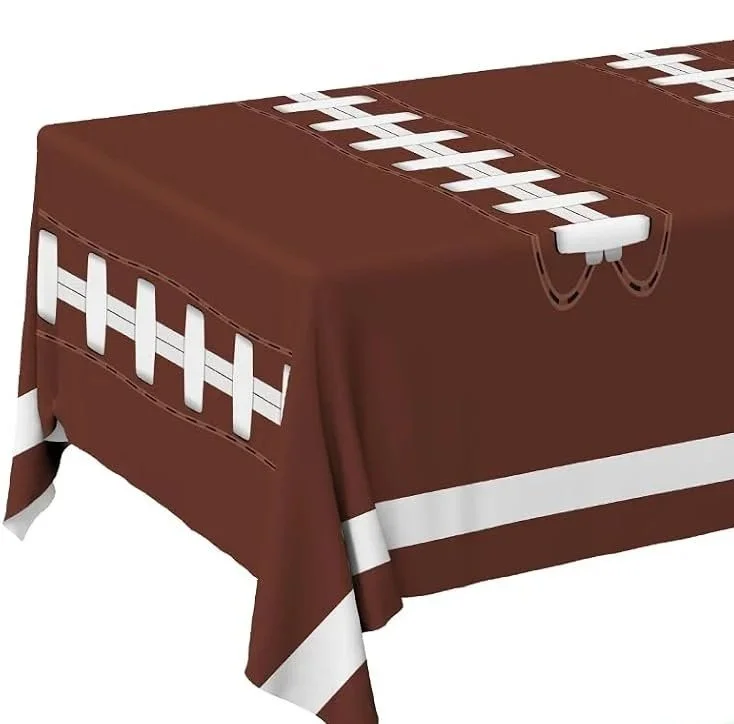 Brown football-themed tablecloth with white football laces