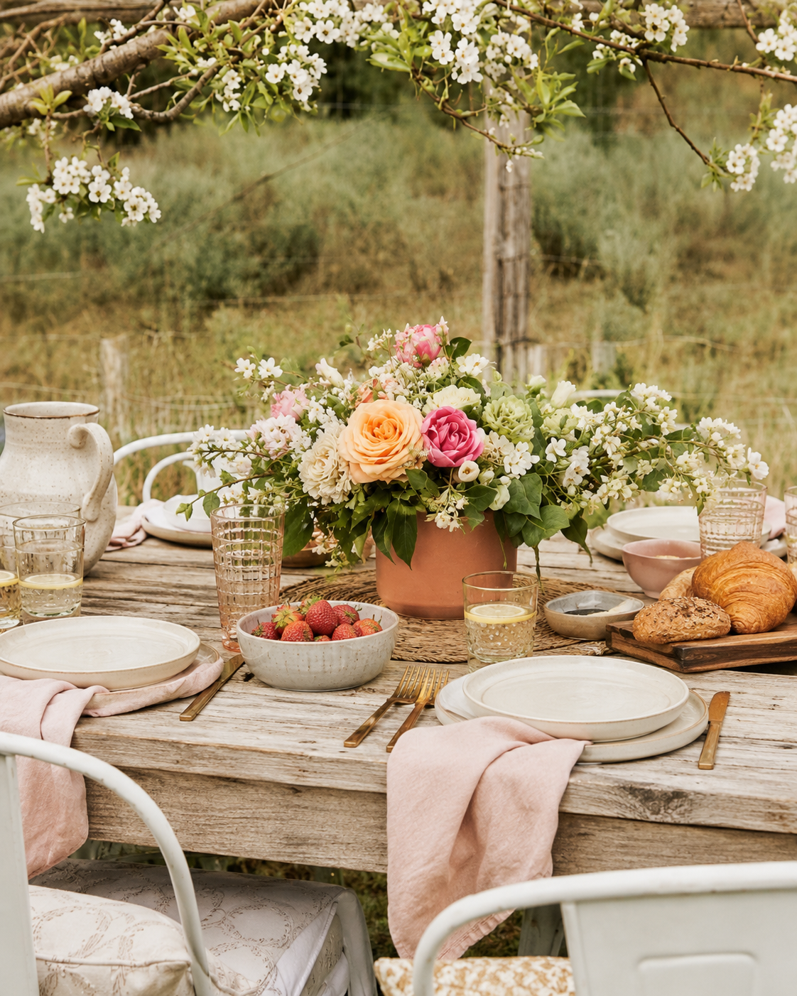 Rustic outdoor Mother’s Day brunch table with spring flowers, pink linen napkins, berries, and pastries.