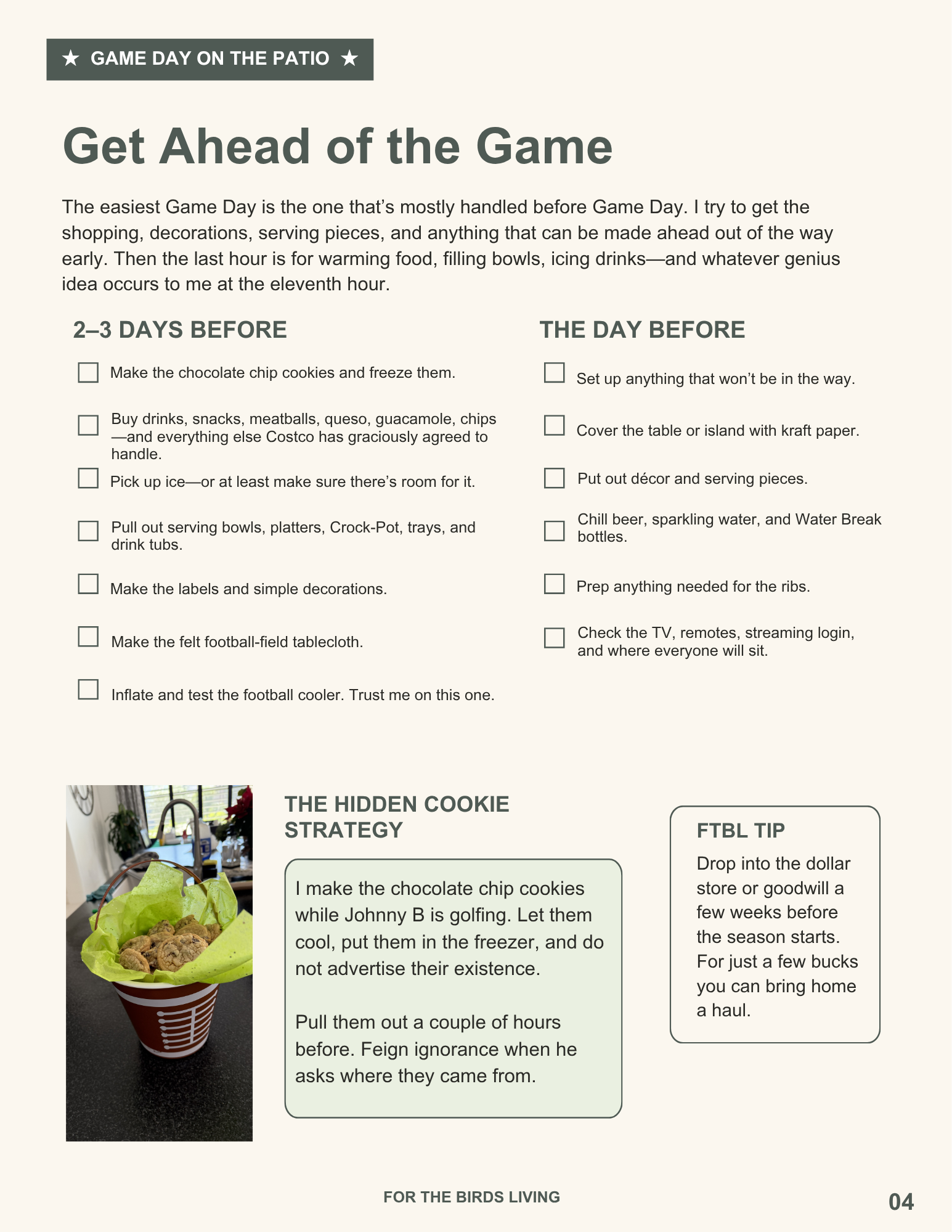 Page from the free Game Day on the Patio Guide showing a make-ahead hosting checklist.