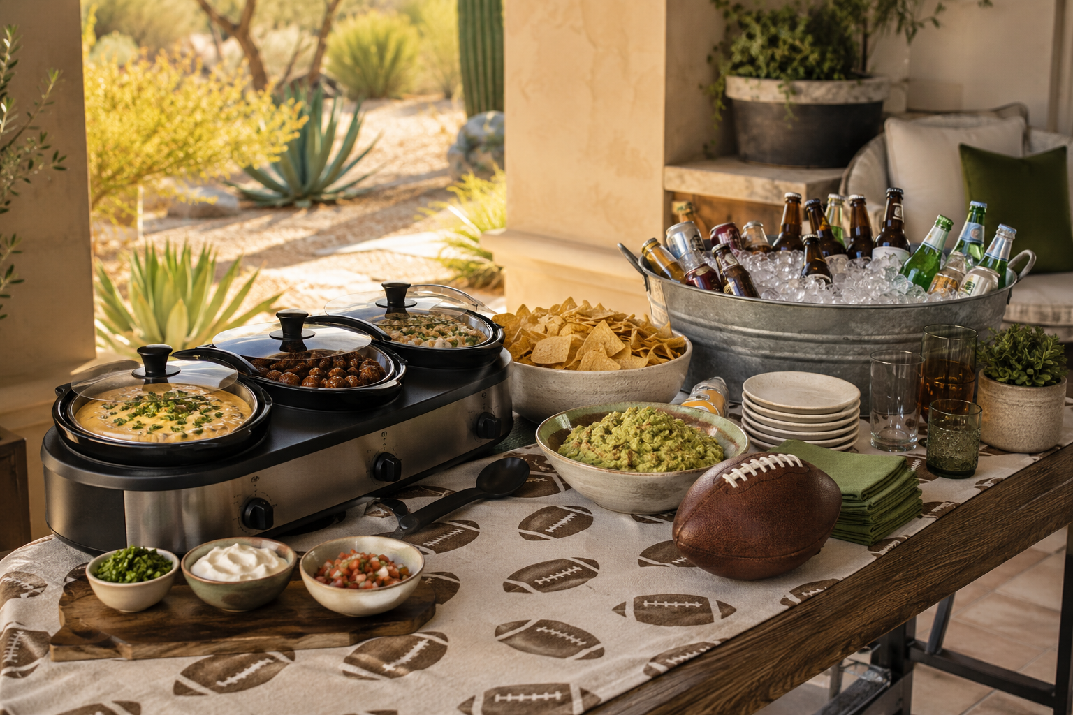 Arizona game-day patio buffet with a triple slow cooker, appetizers and cold drinks