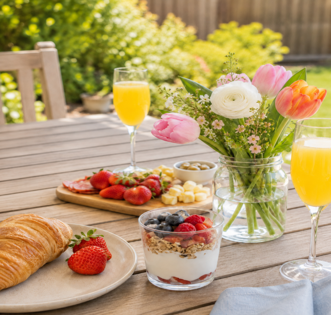 Casual outdoor Mother’s Day brunch with mimosas, yogurt parfait, croissants, berries, and spring flowers.