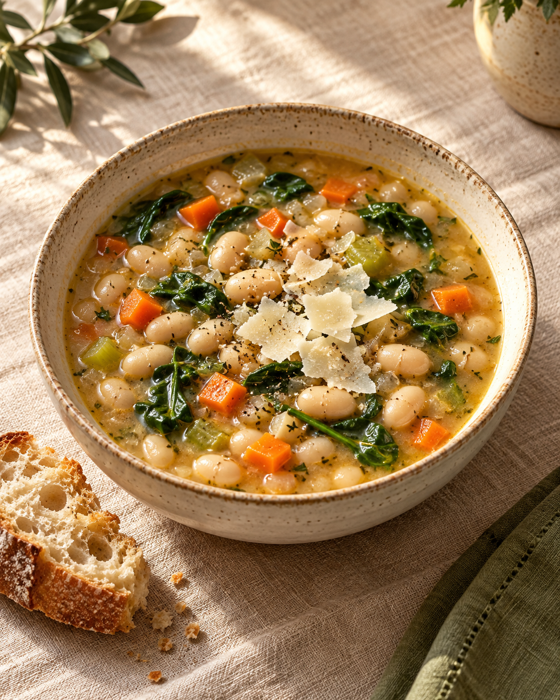 Navy bean soup with spinach, carrots, and Parmesan in a ceramic bowl