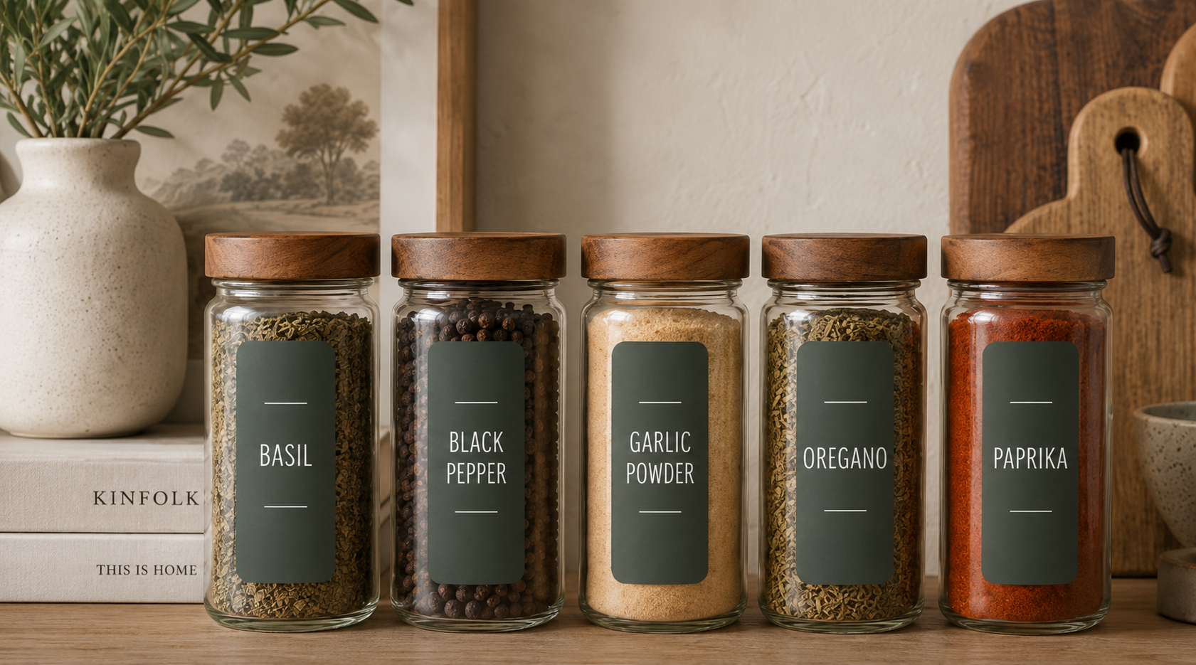 Five glass spice jars with dark green labels reading basil, black pepper, garlic powder, oregano, and paprika, lined up on a wood countertop next to a vase and stack of books.