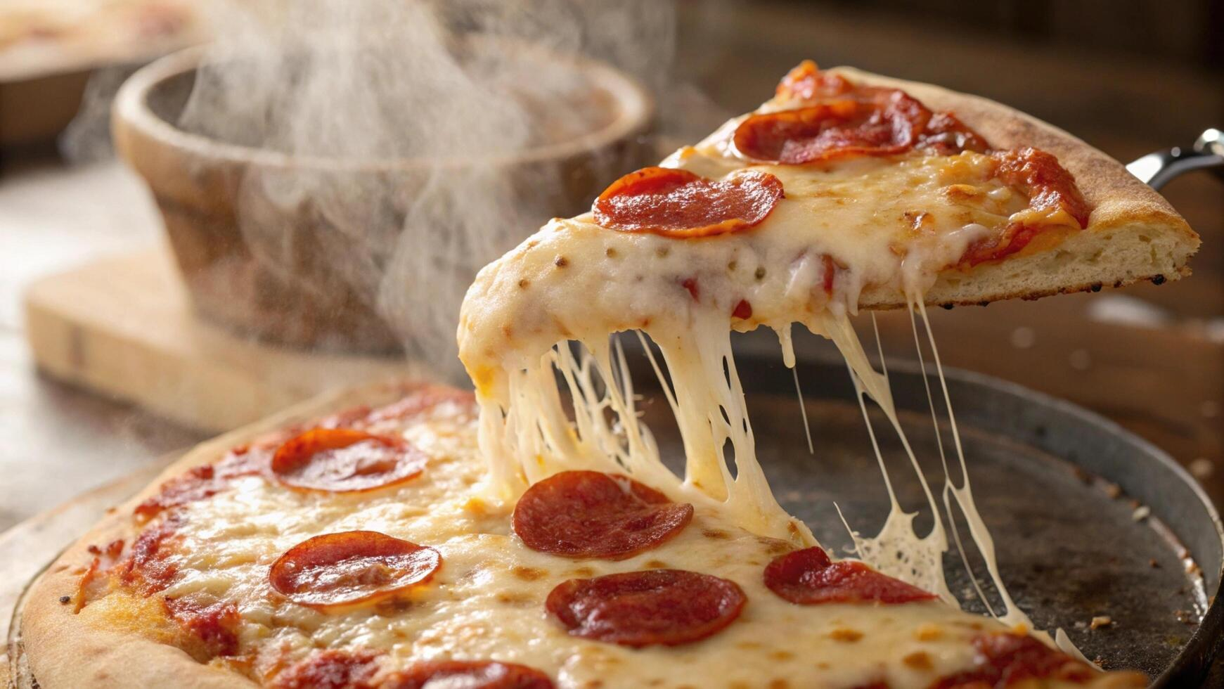 Hot Sicilian-style pizza with melted cheese and pepperoni being lifted from the pan