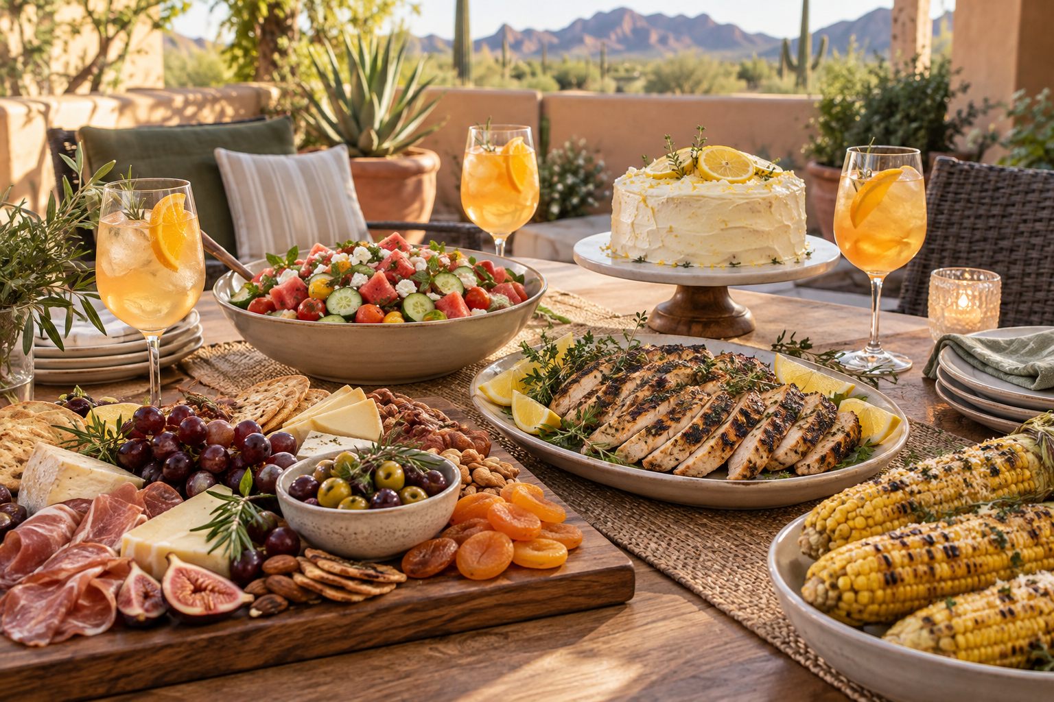 Labor Day patio spread with charcuterie, marinated olives, grilled lemon-herb chicken, watermelon salad, grilled corn, spritz cocktails, and lemon cake.