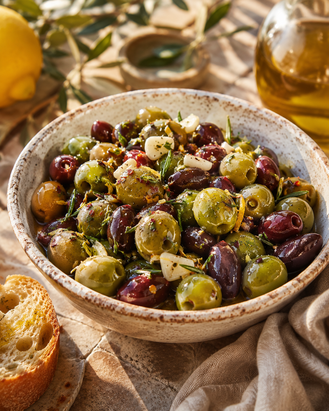 Mixed green and Kalamata olives marinated with garlic, rosemary, citrus zest, red pepper flakes, and olive oil.