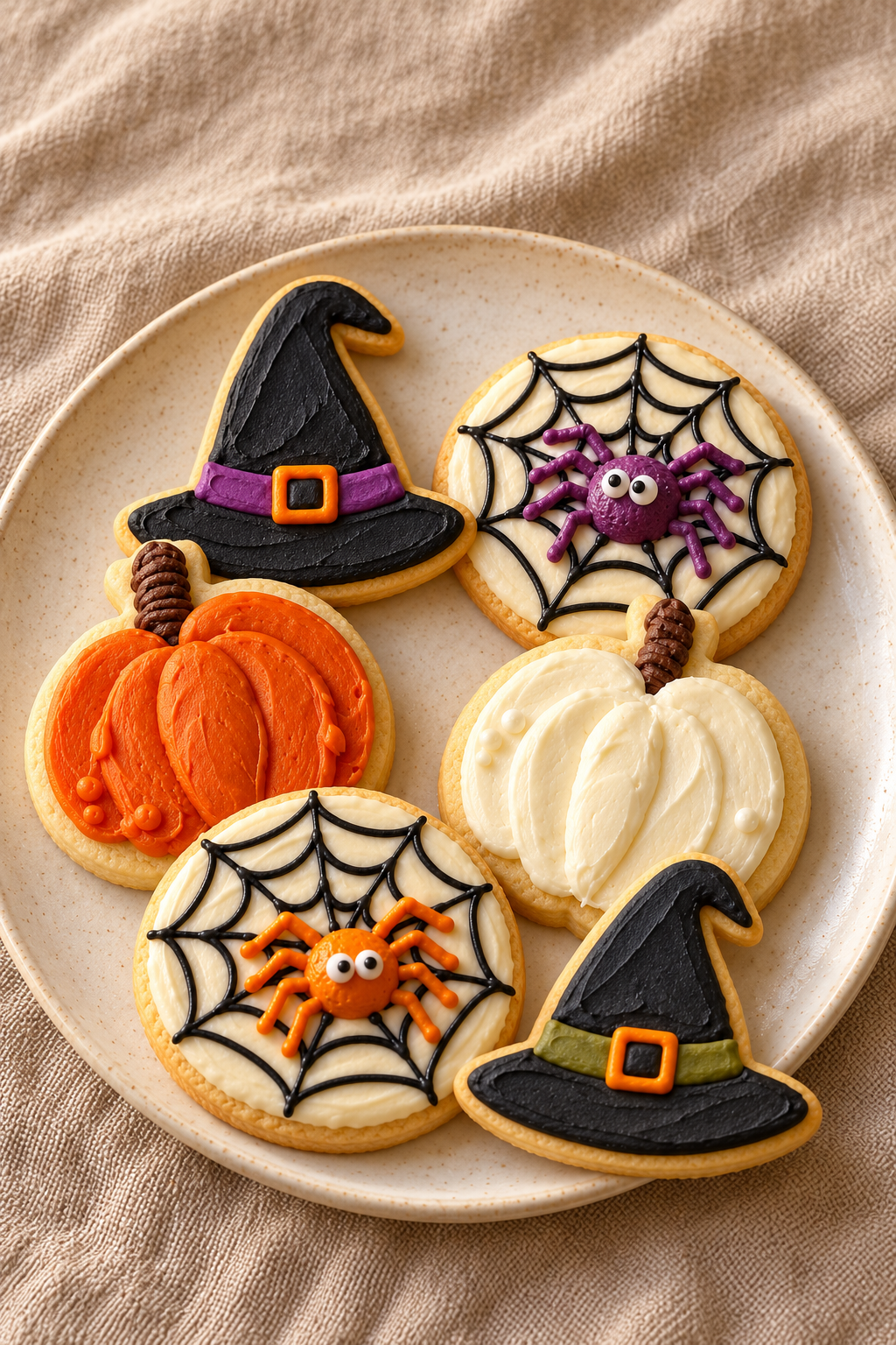Halloween sugar cookies decorated as witch hats, orange and cream pumpkins, and spiderwebs with colorful spiders on a cream plate.