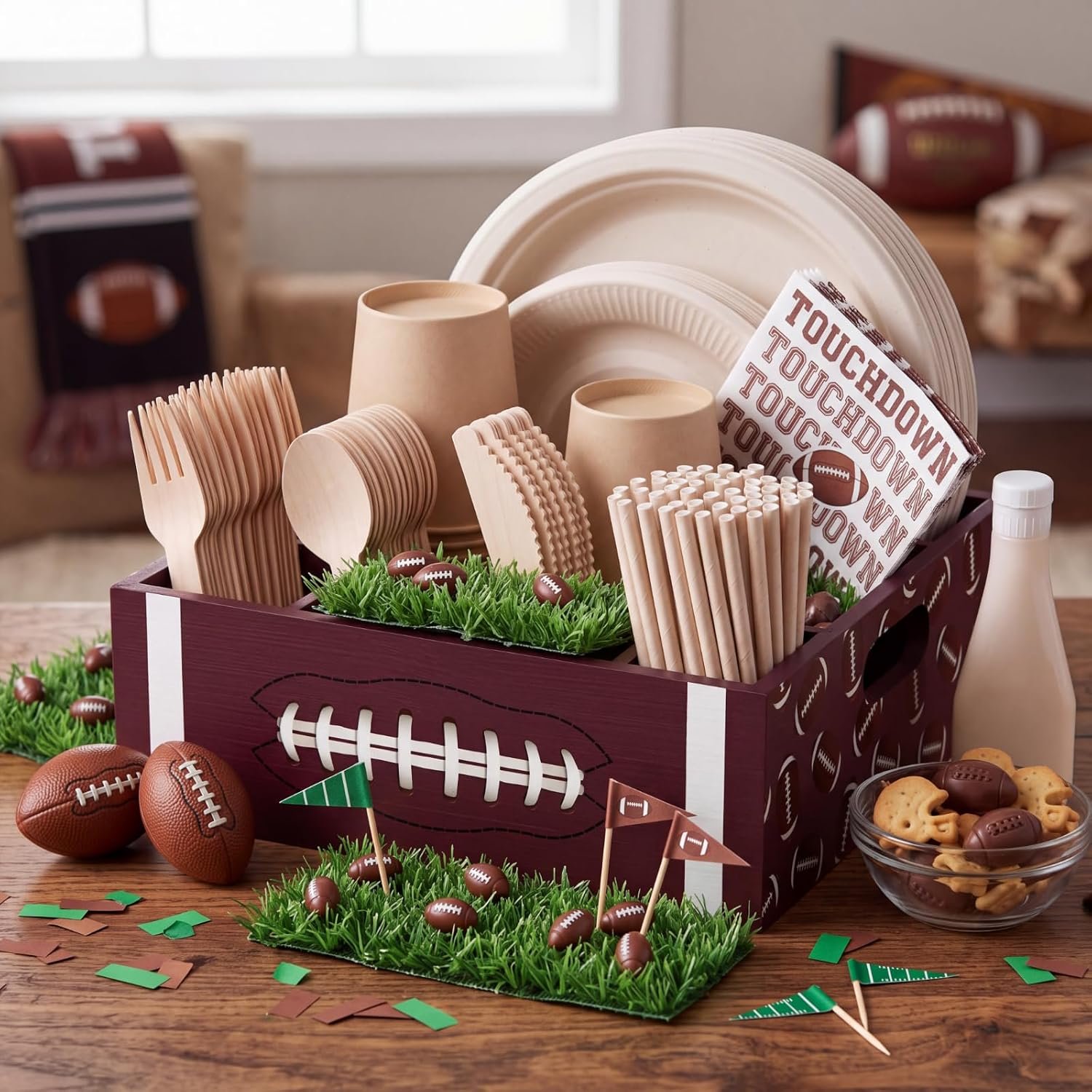 Football-themed utility caddy holding plates, cups, napkins and utensils