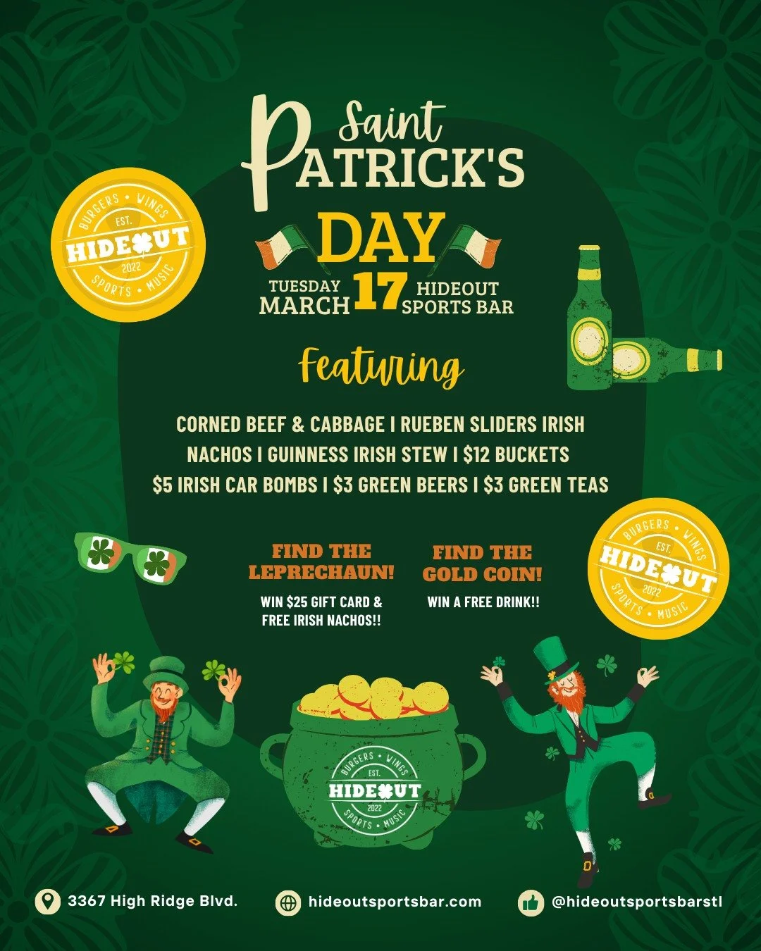 1️⃣ week away from St. Patrick's Day at the Hideout ☘️ Skip the annoying crowds, long lines and expensive drinks!! Green beer? Check. Irish tunes? Check. Questionable dance moves? Double check. Celebrate St. Patrick&rsquo;s Day the only way we know h