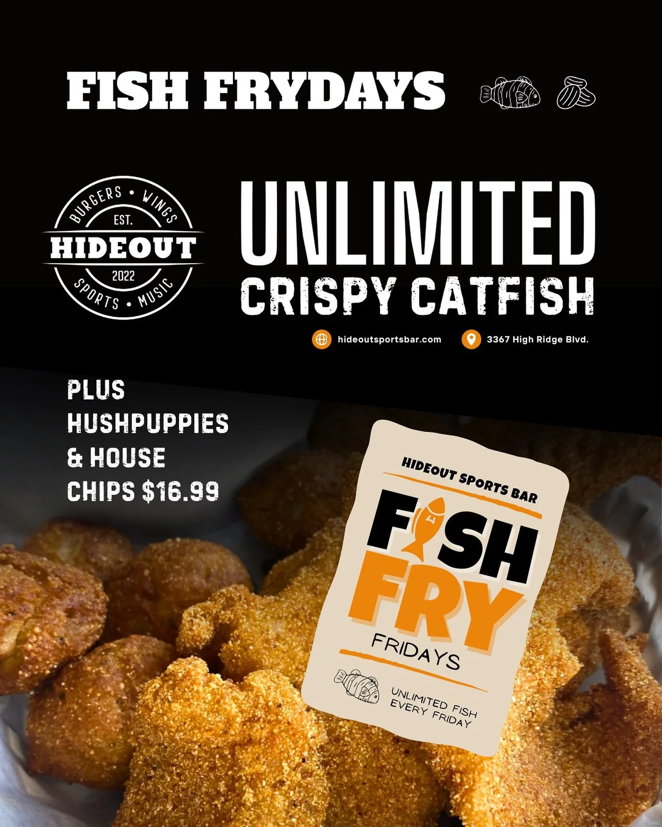 Friday is for the fishies!! Get your fill of crispy Catfish, a pile of hot &amp; fresh hush puppies + homemade chips, and wash it all down with a perfectly poured frosty beverage 🤘
