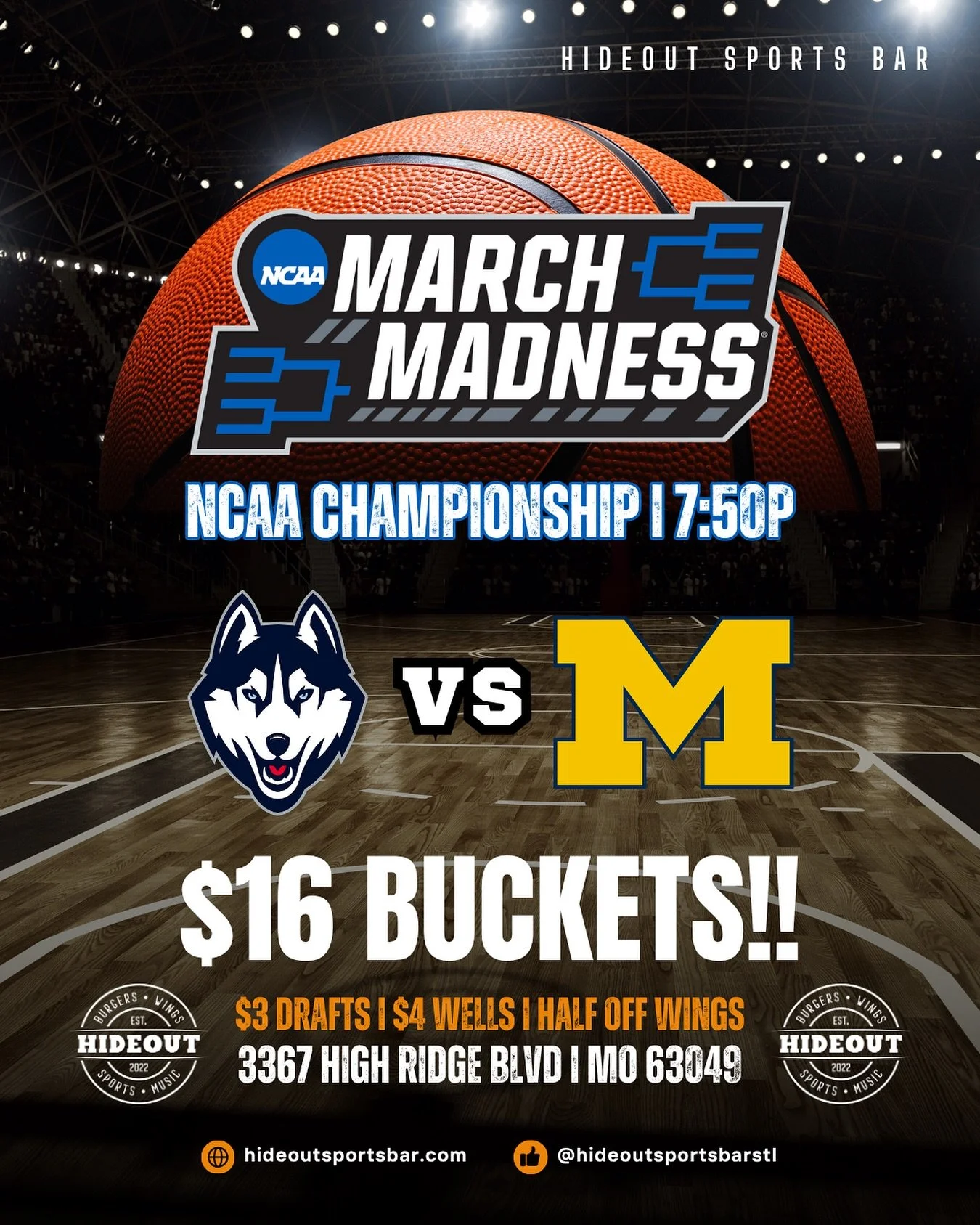 This game is going to be 🔥🔥 Who you got?? 

🚨 Half Price Wings All Day
🚨 Dble Smash Burger + Krack Fries $12.99
🚨 Drafts $3 I Well Drinks $4
🚨 Buckets $16

#ncaa #basketball #marchmadness #michigan #uconn #instagood #mondaymotivation